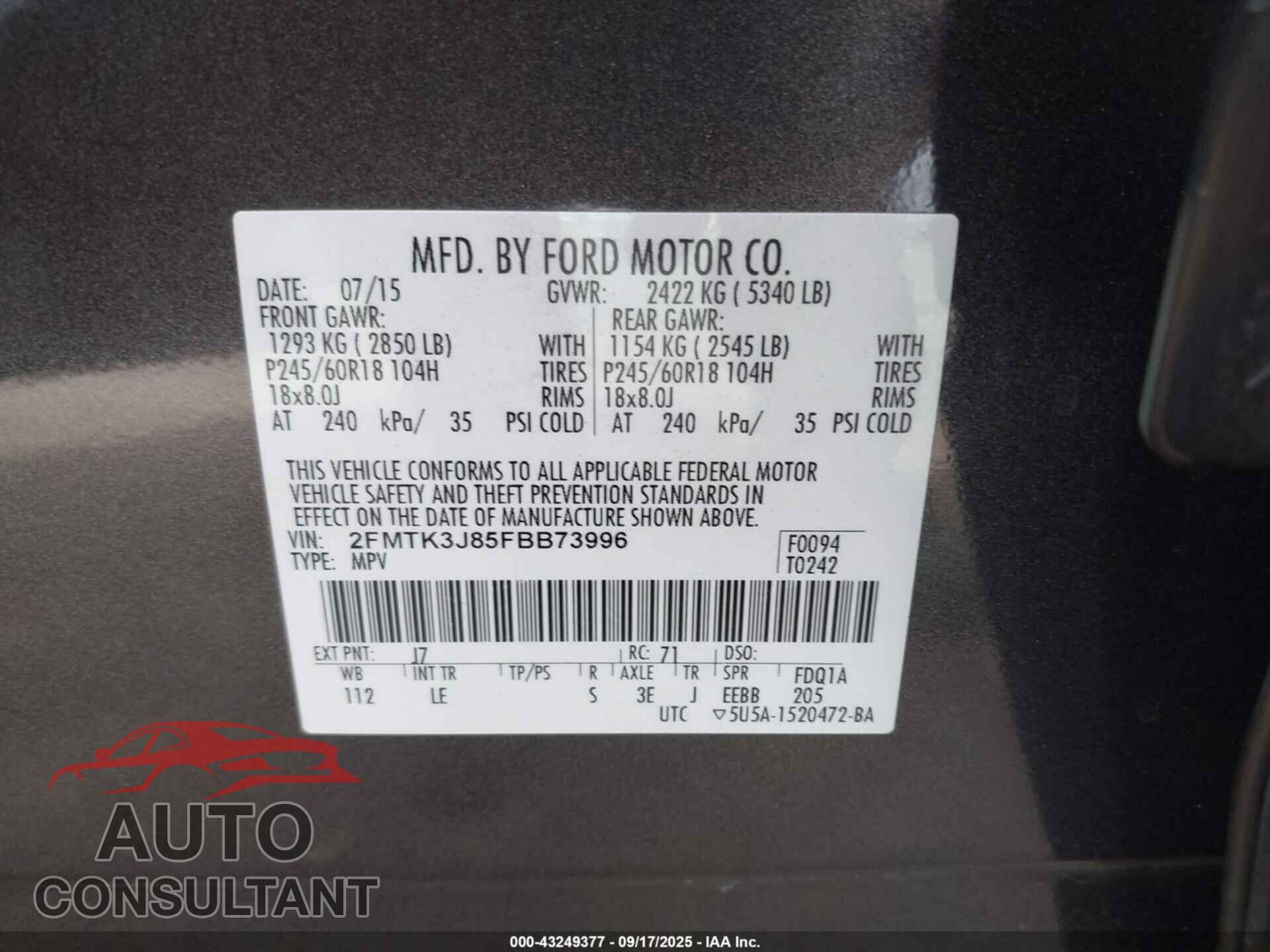 FORD EDGE 2015 - 2FMTK3J85FBB73996