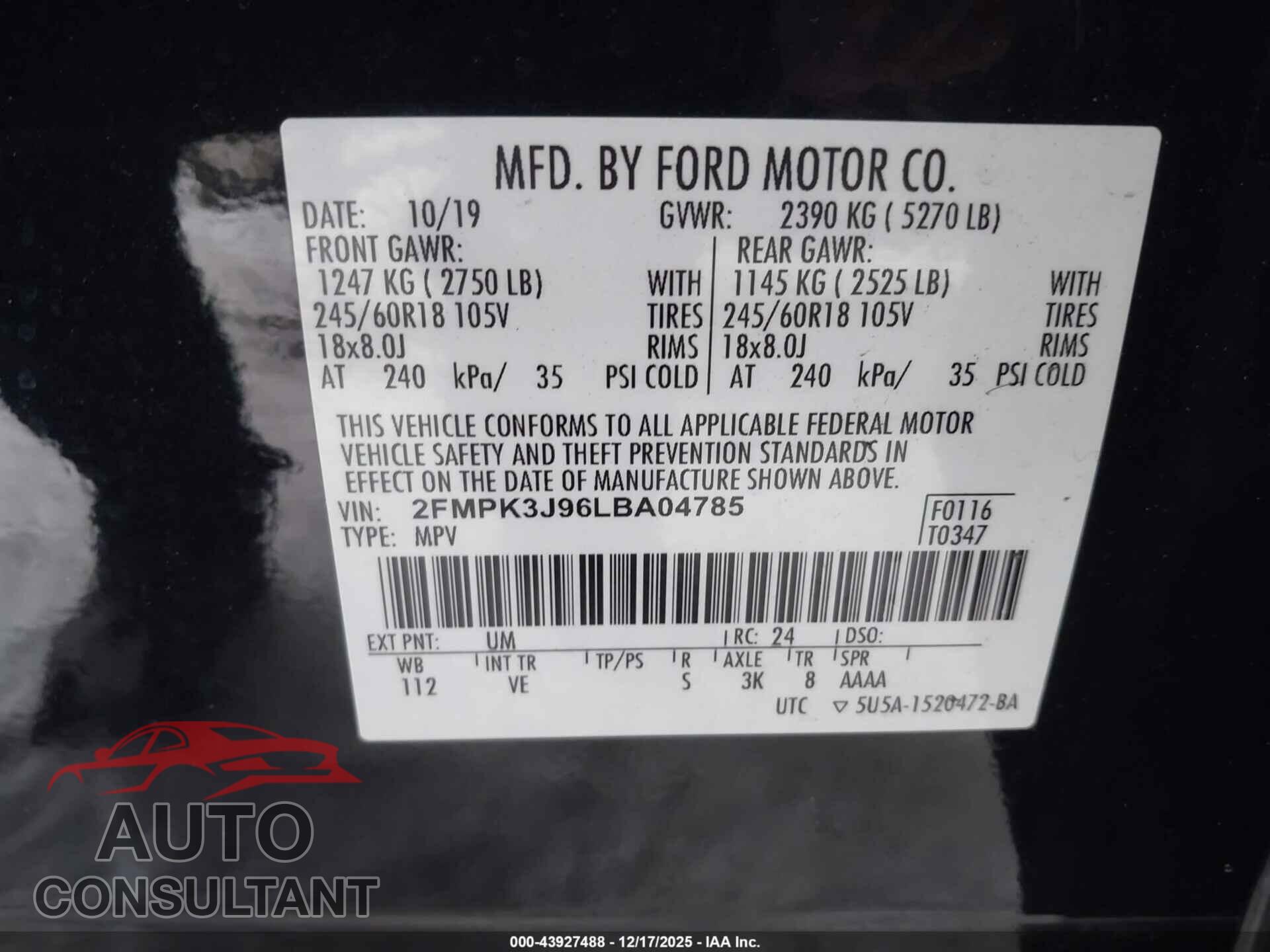 FORD EDGE 2020 - 2FMPK3J96LBA04785