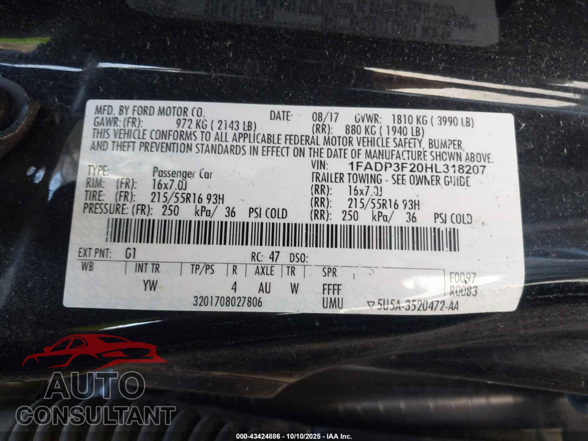 FORD FOCUS 2017 - 1FADP3F20HL318207