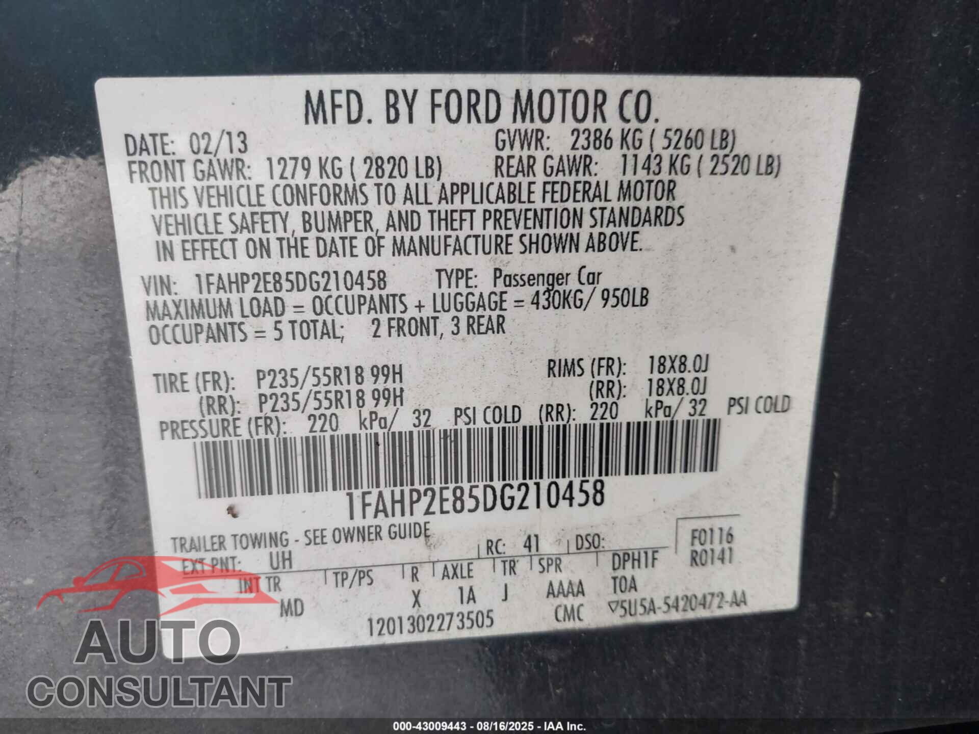 FORD TAURUS 2013 - 1FAHP2E85DG210458