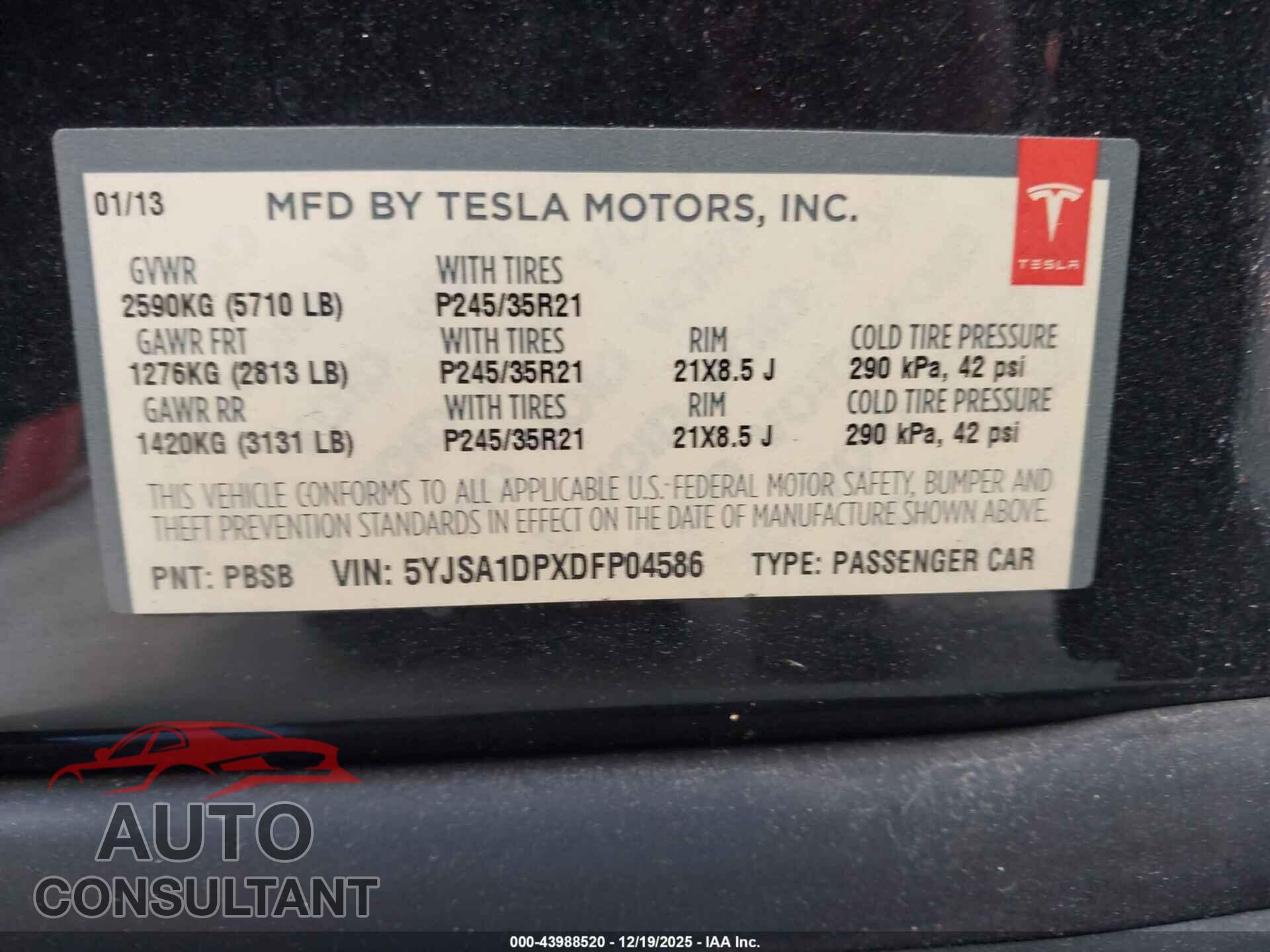 TESLA MODEL S 2013 - 5YJSA1DPXDFP04586