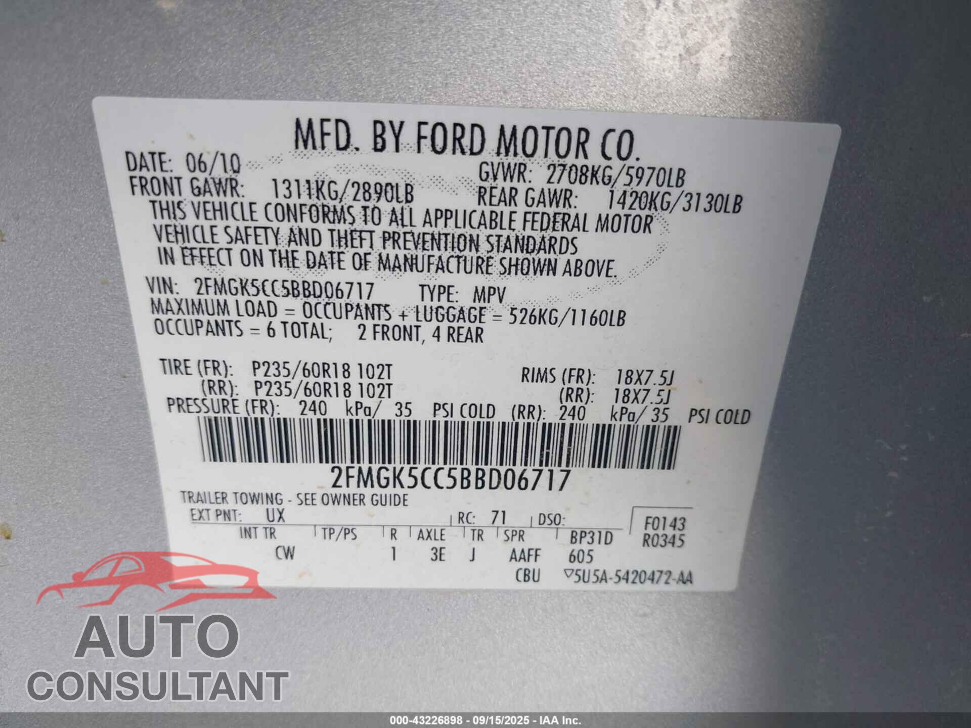 FORD FLEX 2011 - 2FMGK5CC5BBD06717