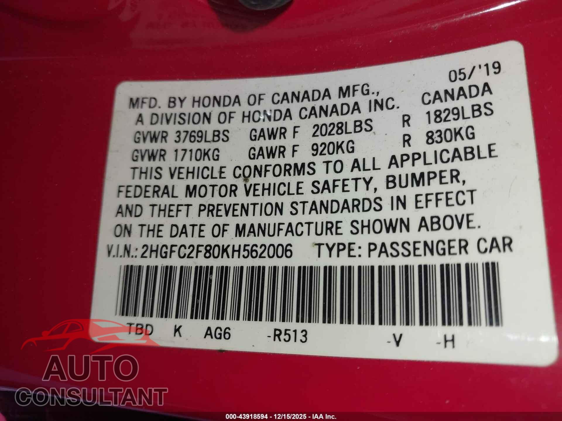 HONDA CIVIC 2019 - 2HGFC2F80KH562006