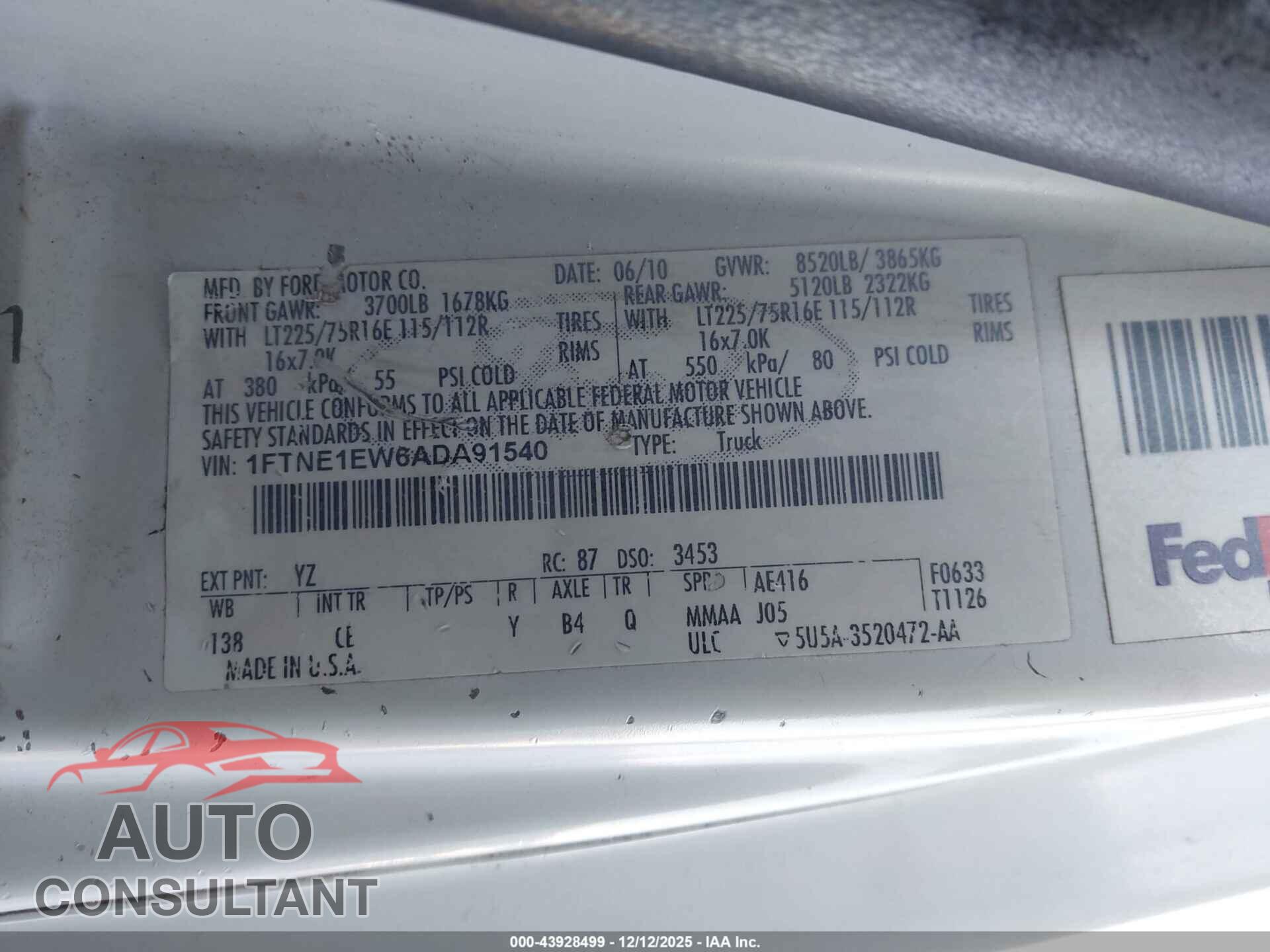 FORD E-150 2010 - 1FTNE1EW6ADA91540