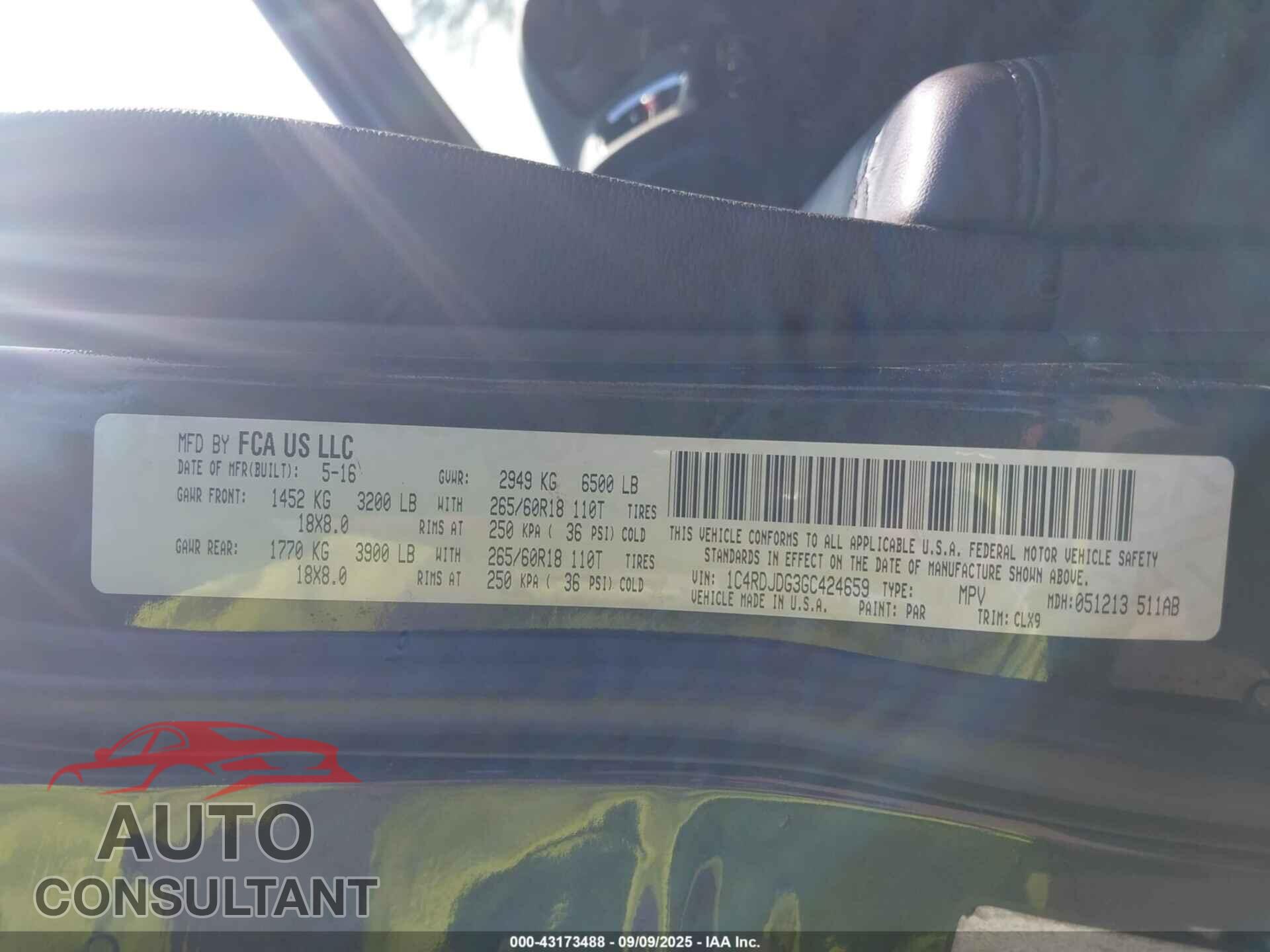 DODGE DURANGO 2016 - 1C4RDJDG3GC424659