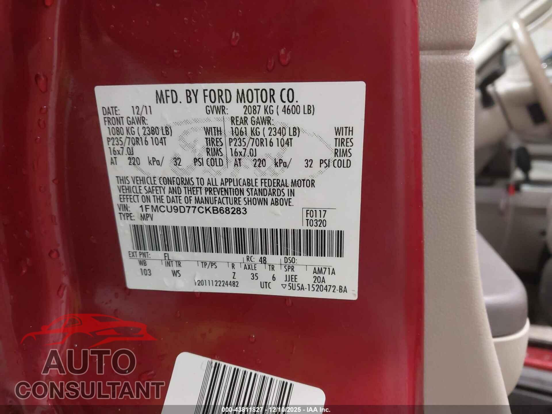 FORD ESCAPE 2012 - 1FMCU9D77CKB68283