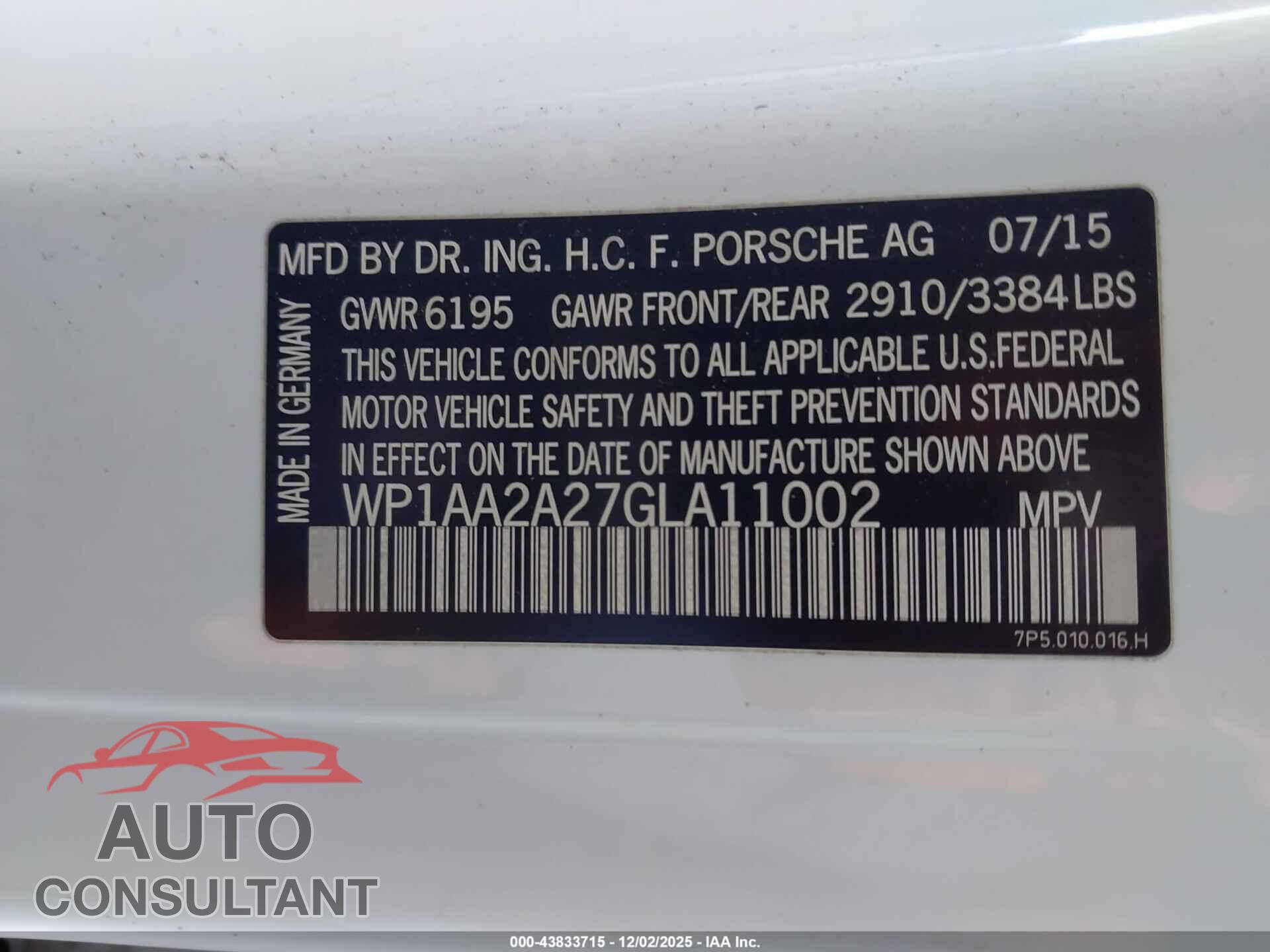PORSCHE CAYENNE 2016 - WP1AA2A27GLA11002