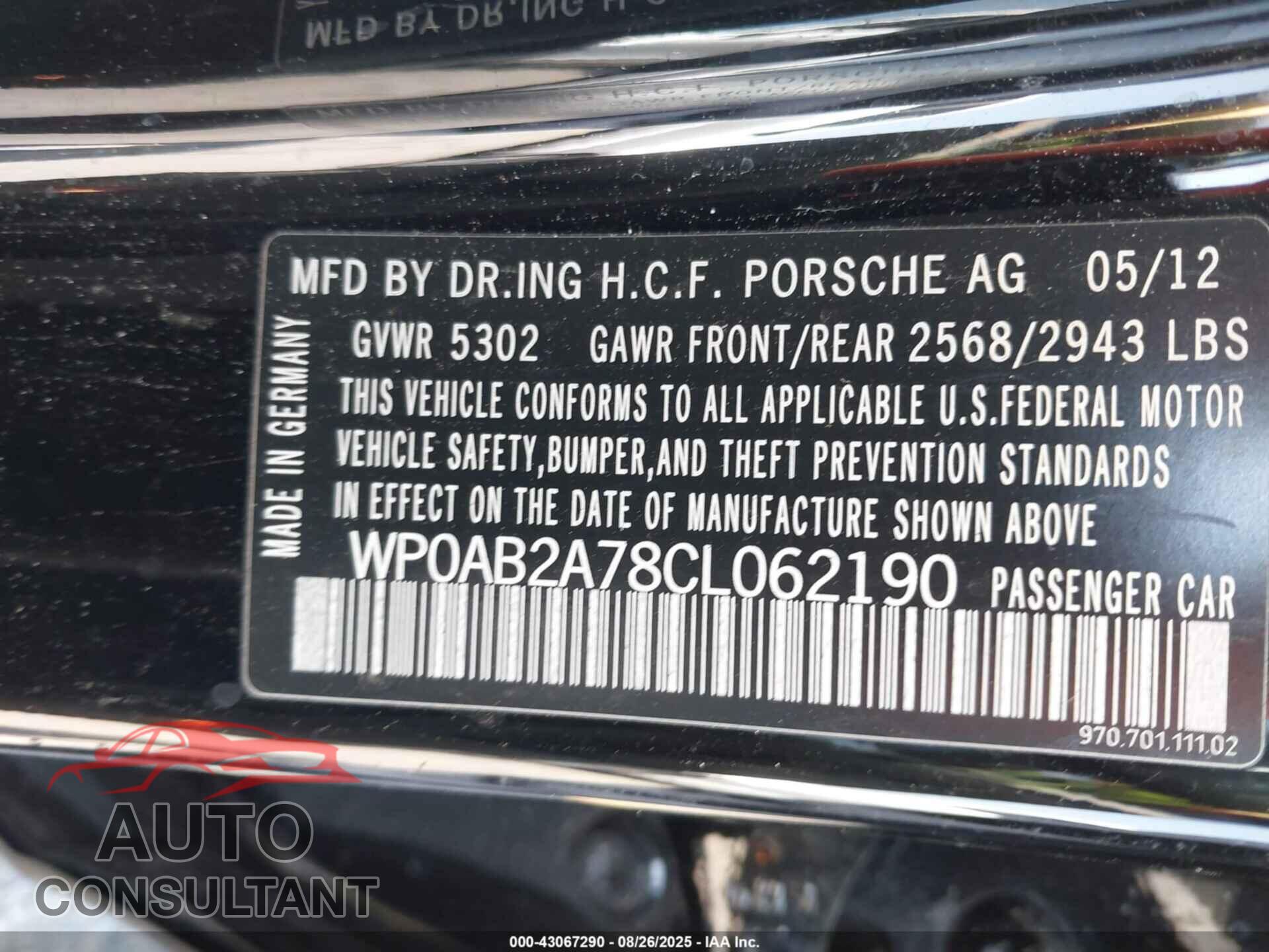 PORSCHE PANAMERA 2012 - WP0AB2A78CL062190