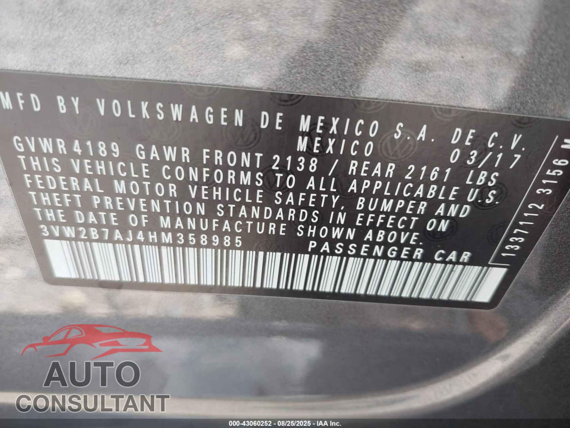 VOLKSWAGEN JETTA 2017 - 3VW2B7AJ4HM358985