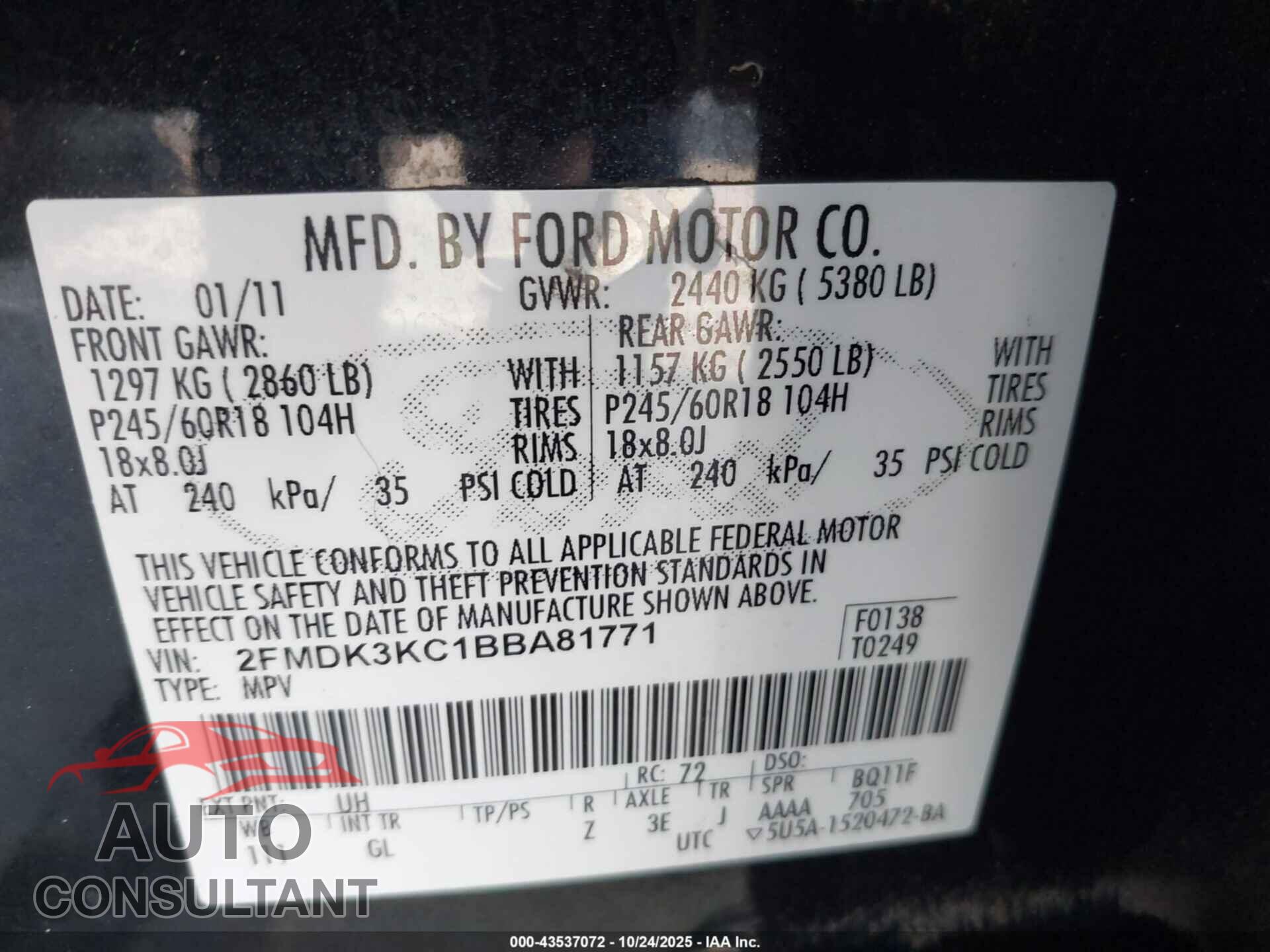 FORD EDGE 2011 - 2FMDK3KC1BBA81771