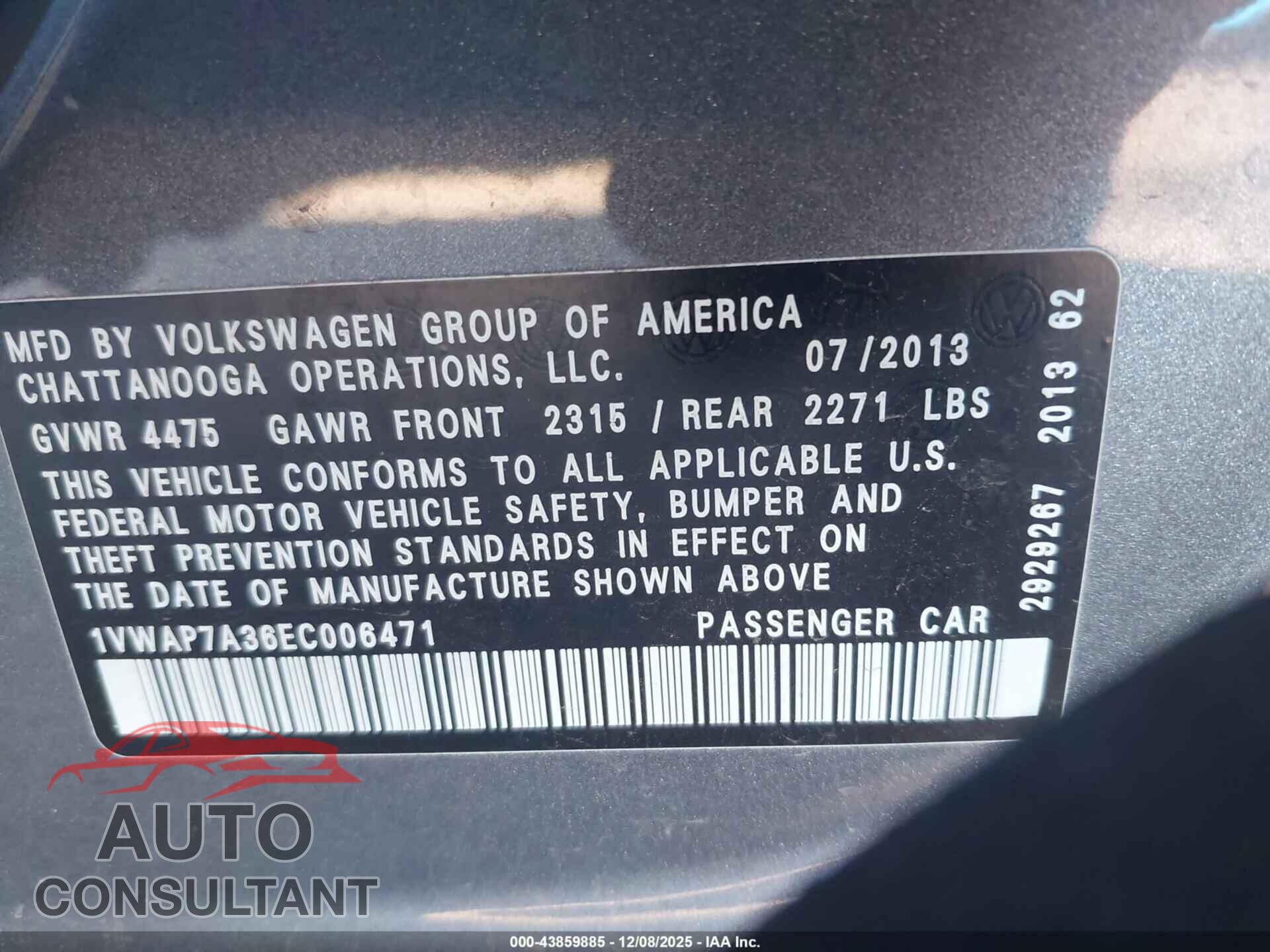 VOLKSWAGEN PASSAT 2014 - 1VWAP7A36EC006471