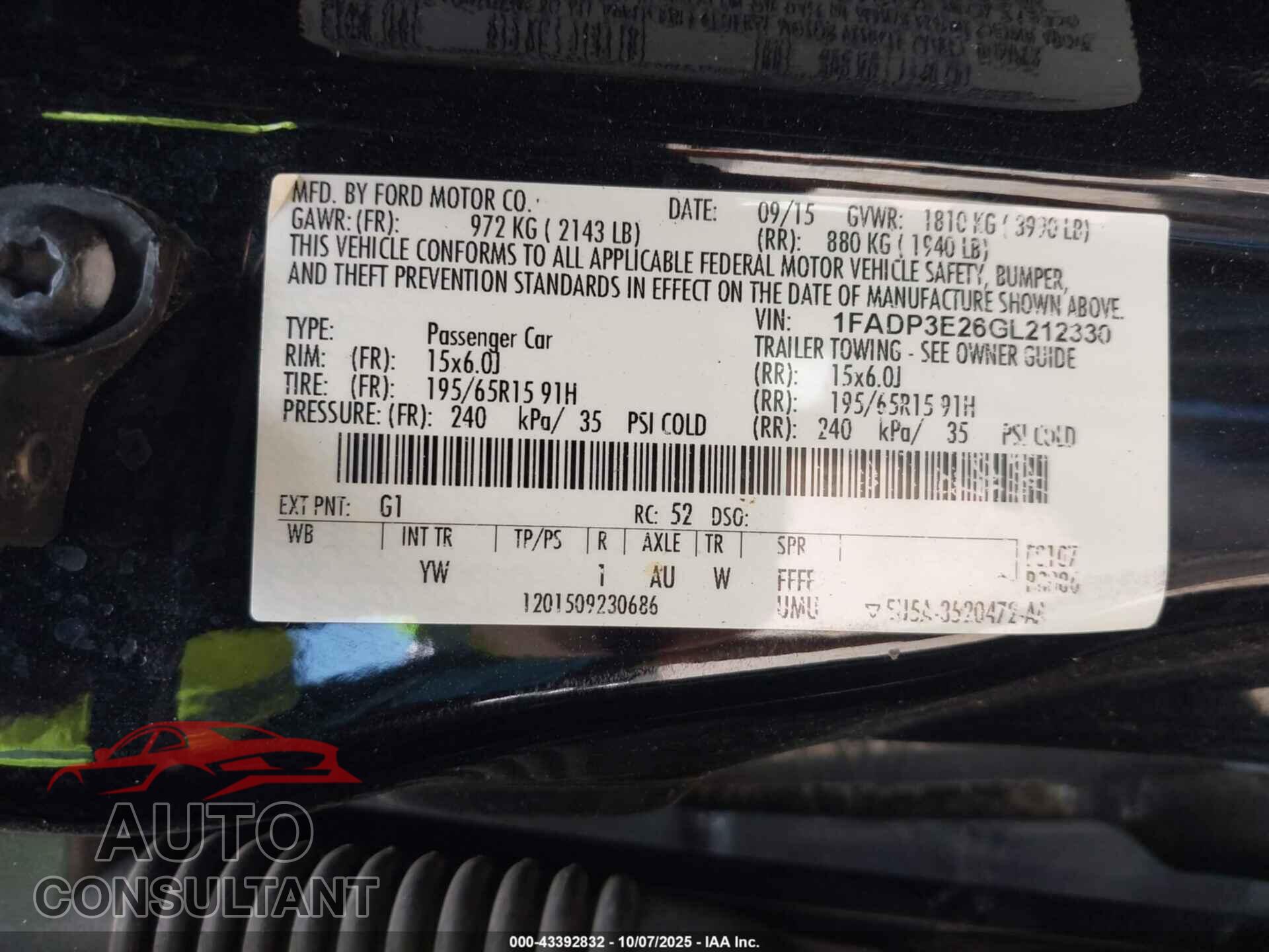 FORD FOCUS 2016 - 1FADP3E26GL212330