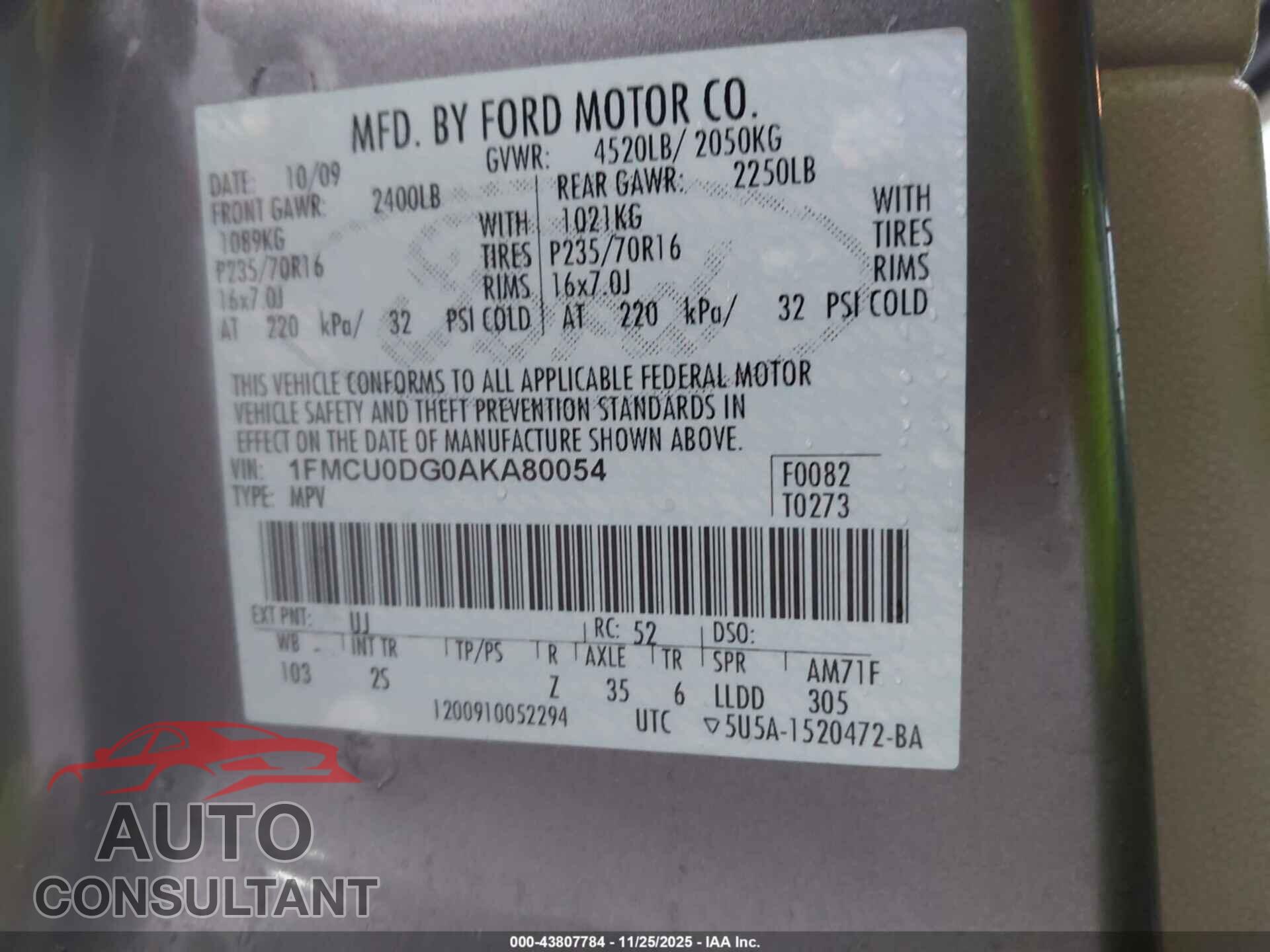 FORD ESCAPE 2010 - 1FMCU0DG0AKA80054
