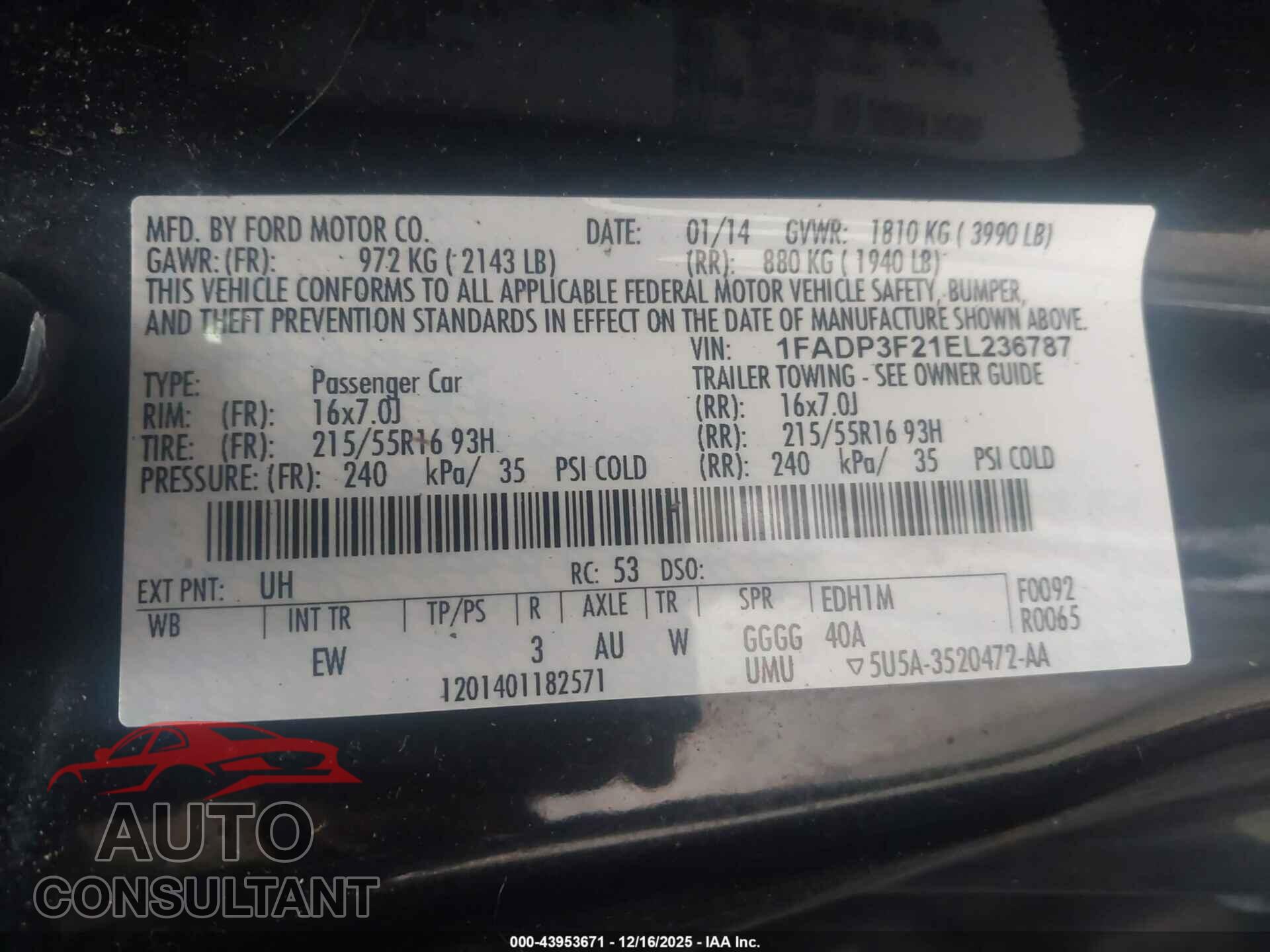 FORD FOCUS 2014 - 1FADP3F21EL236787
