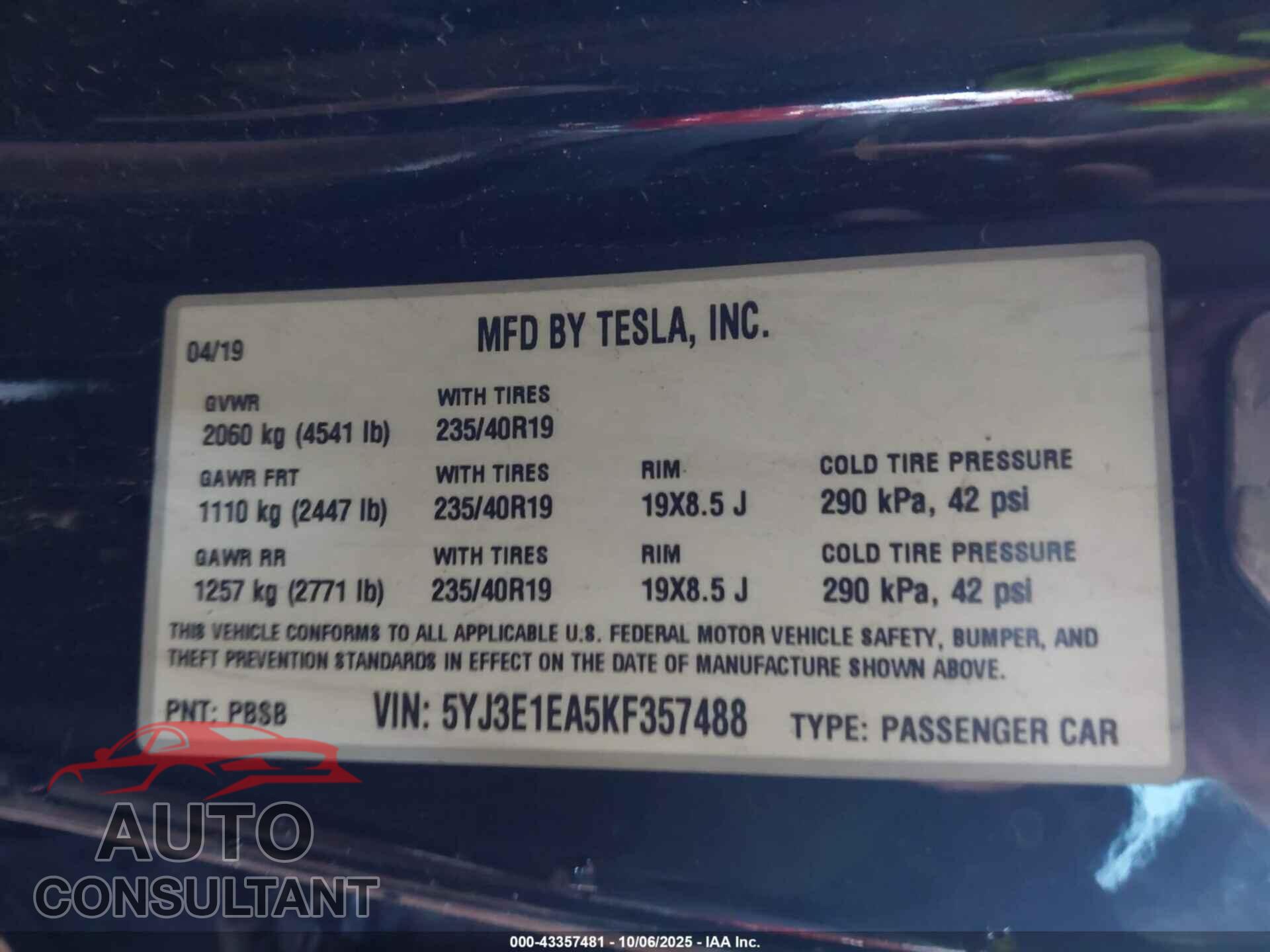 TESLA MODEL 3 2019 - 5YJ3E1EA5KF357488