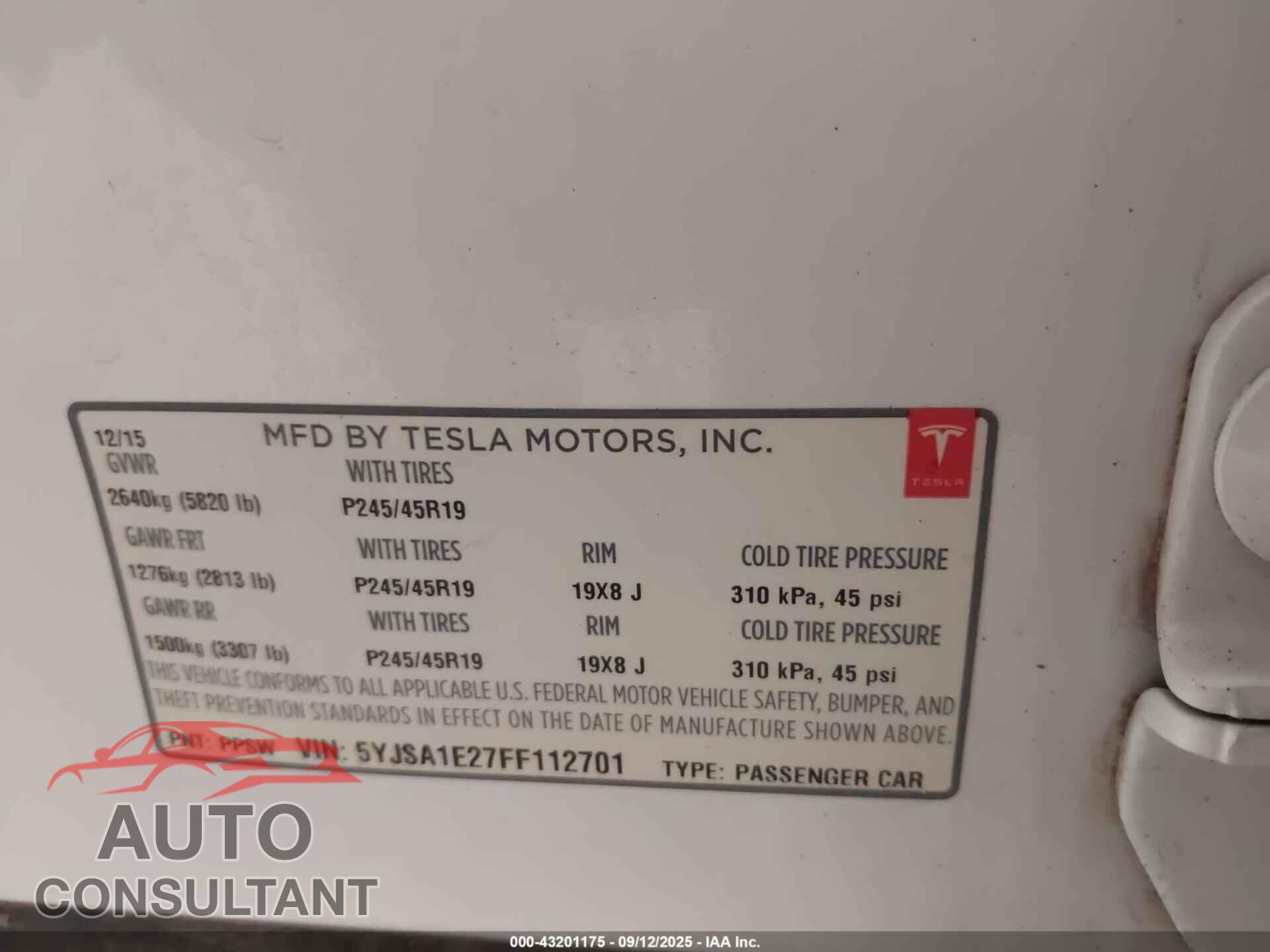 TESLA MODEL S 2015 - 5YJSA1E27FF112701