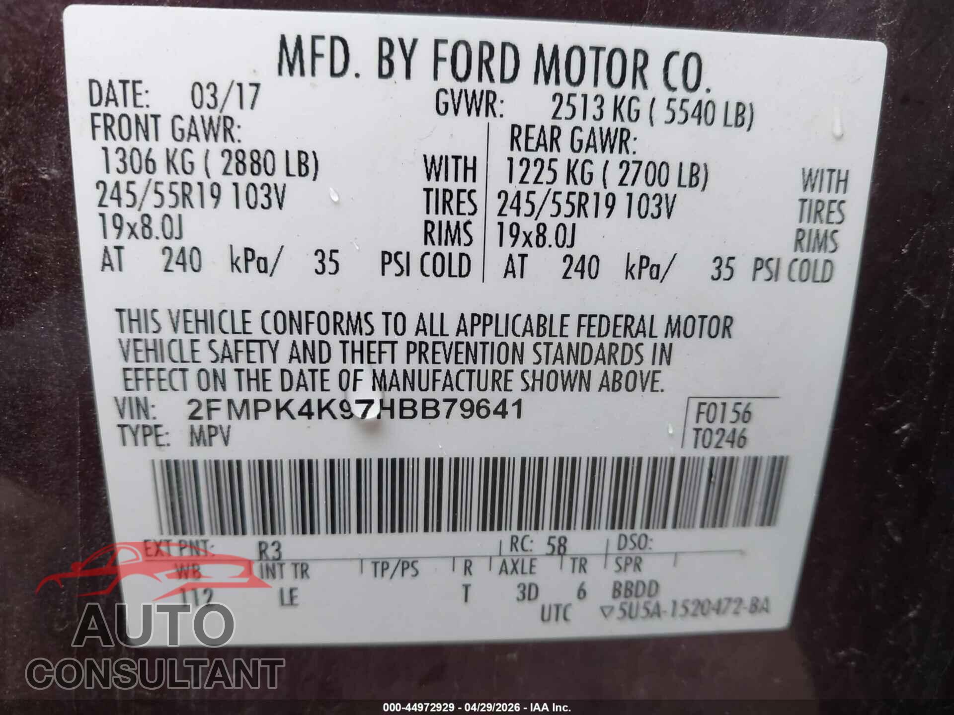 FORD EDGE 2017 - 2FMPK4K97HBB79641