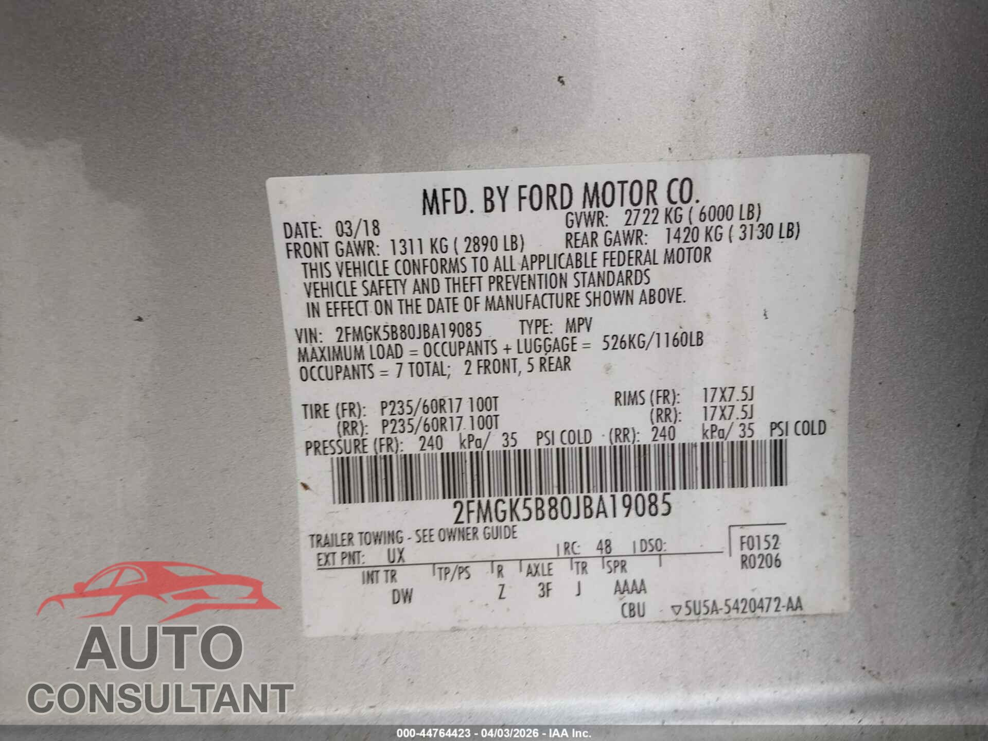 FORD FLEX 2018 - 2FMGK5B80JBA19085