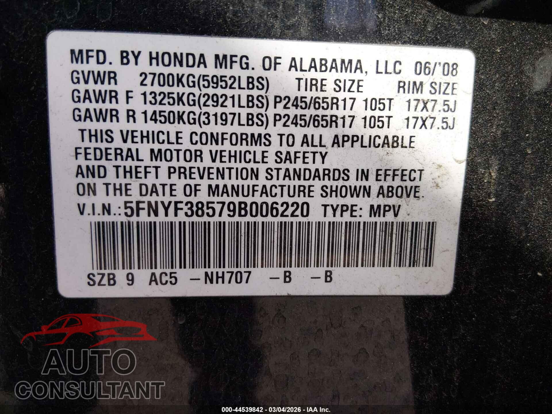 HONDA PILOT 2009 - 5FNYF38579B006220