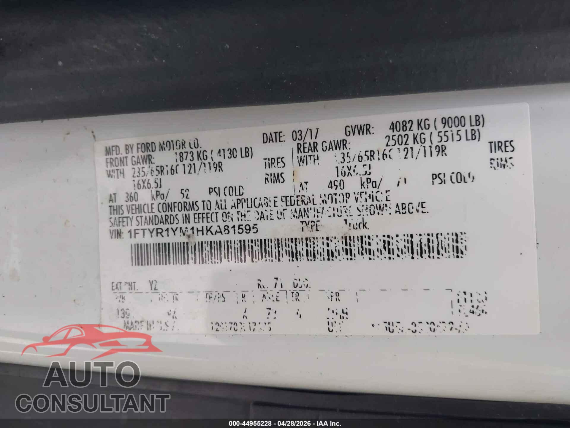 FORD TRANSIT-250 2017 - 1FTYR1YM1HKA81595