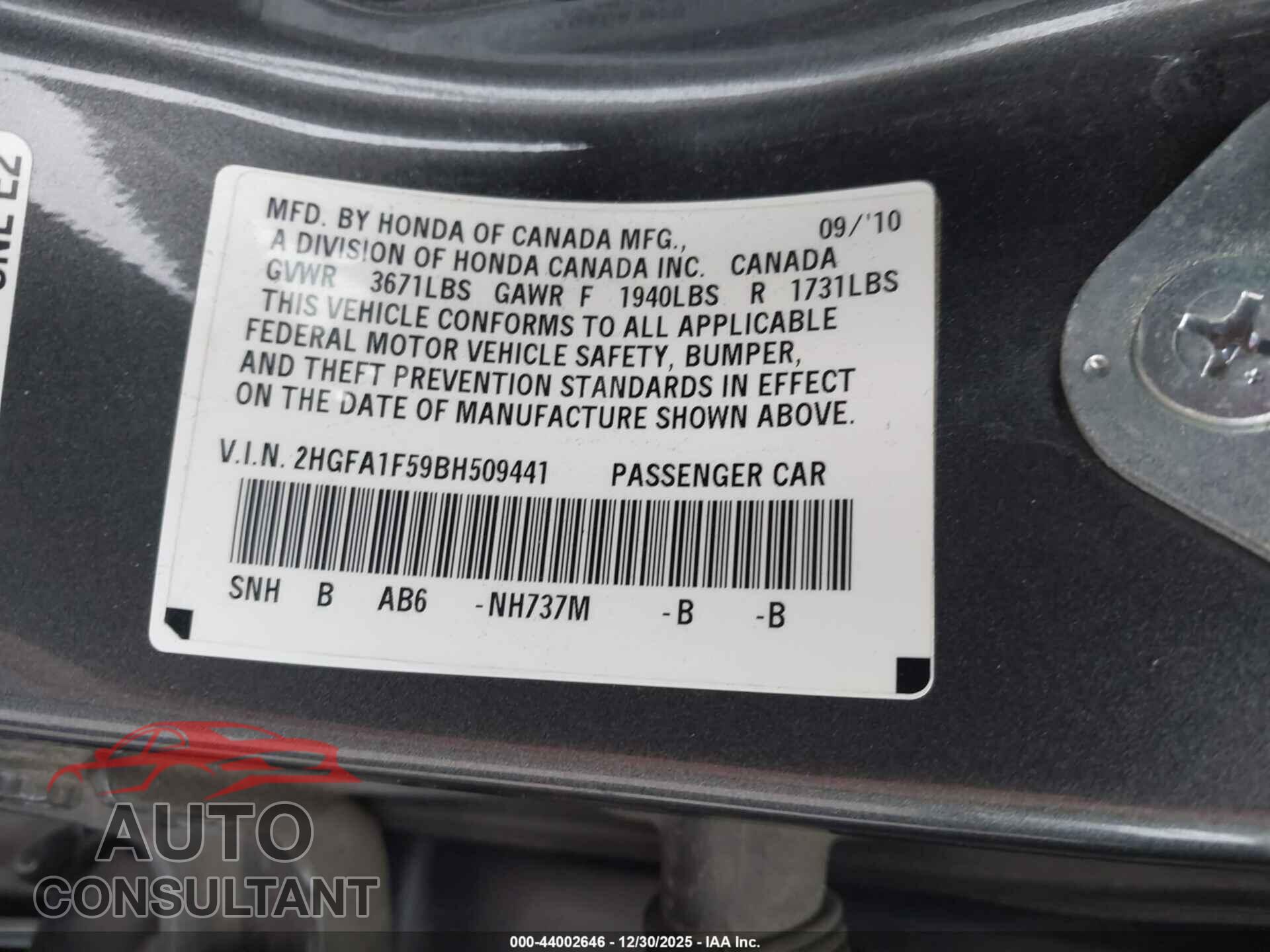 HONDA CIVIC 2011 - 2HGFA1F59BH509441