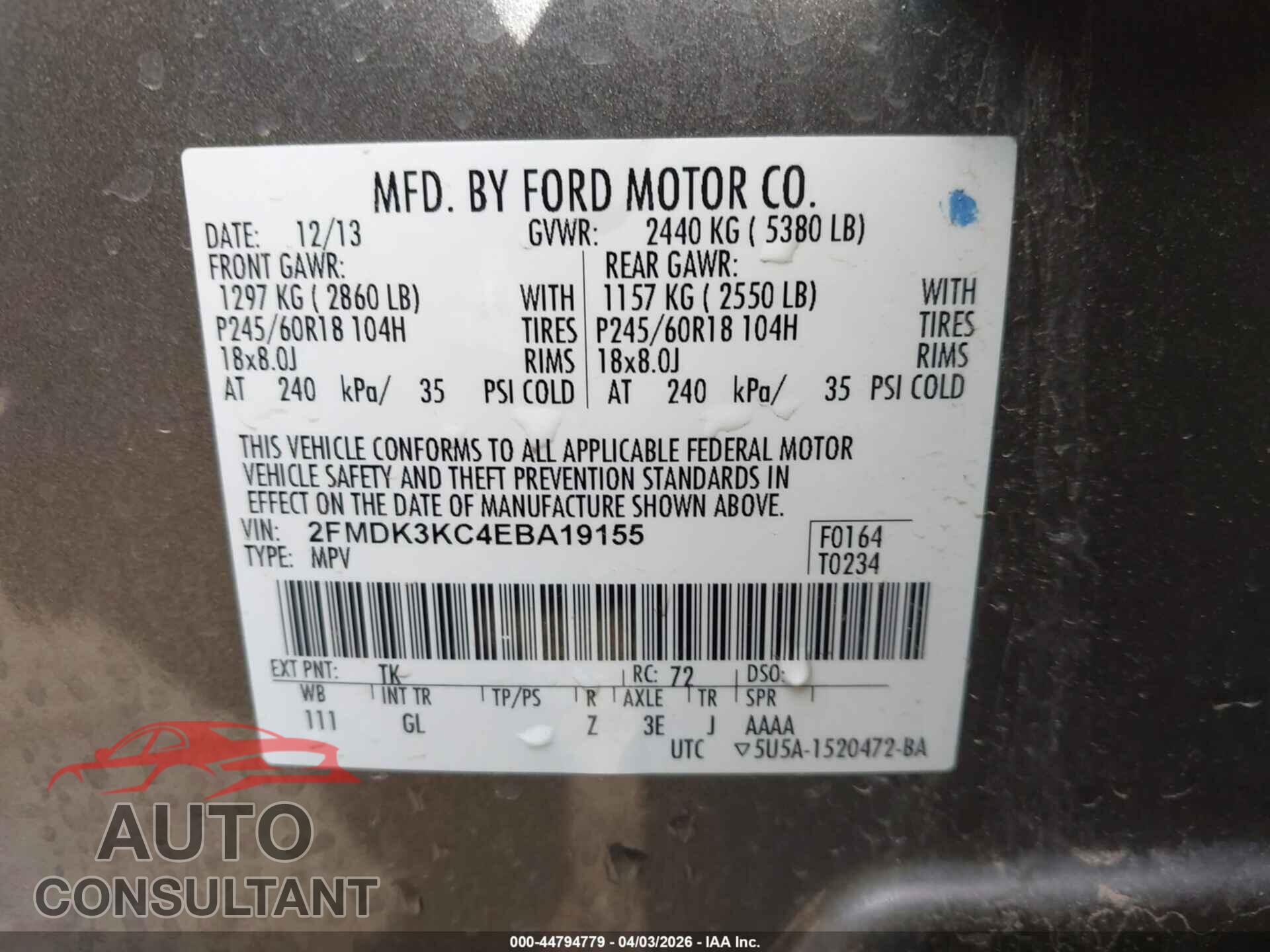 FORD EDGE 2014 - 2FMDK3KC4EBA19155
