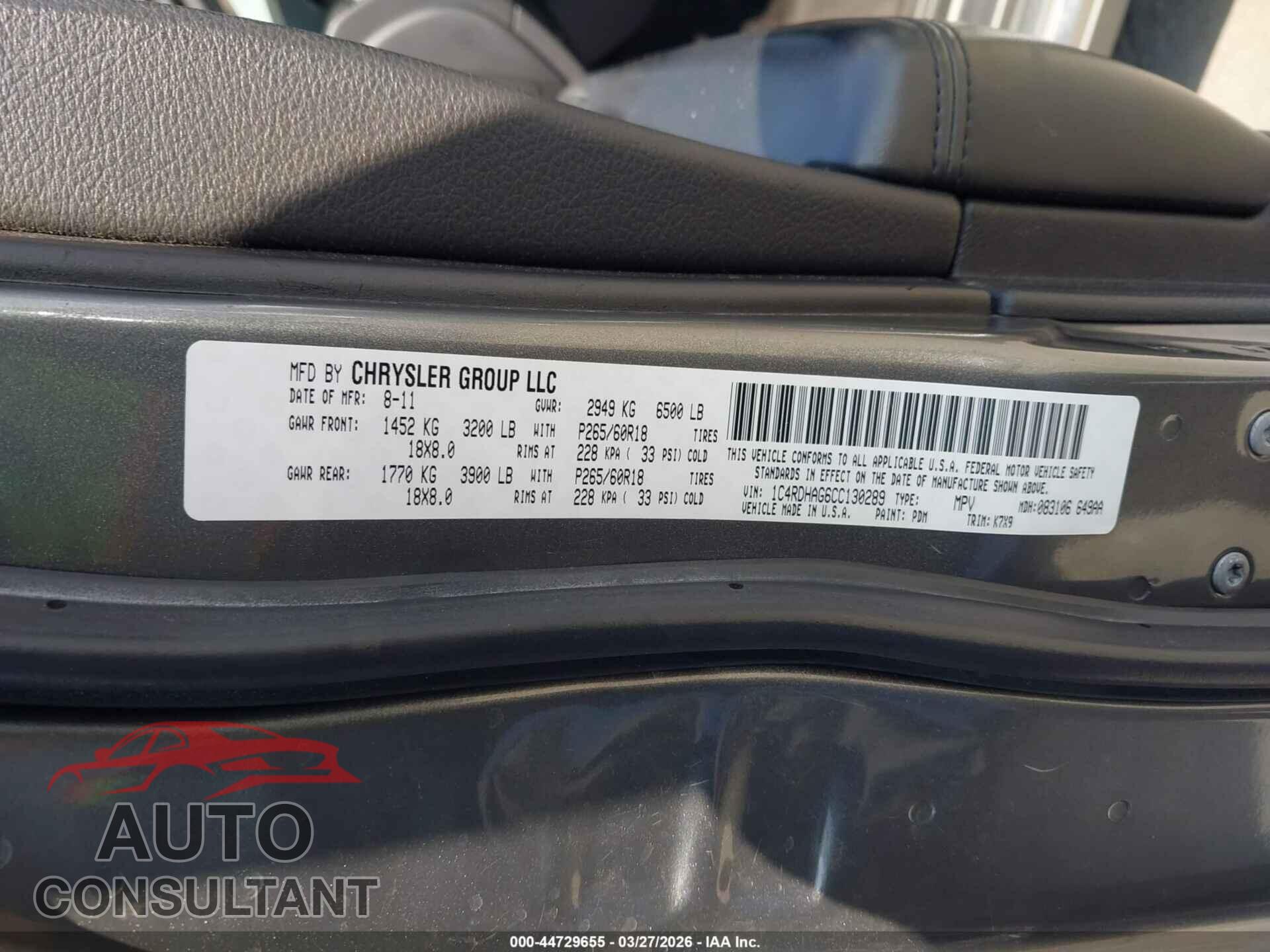 DODGE DURANGO 2012 - 1C4RDHAG6CC130289