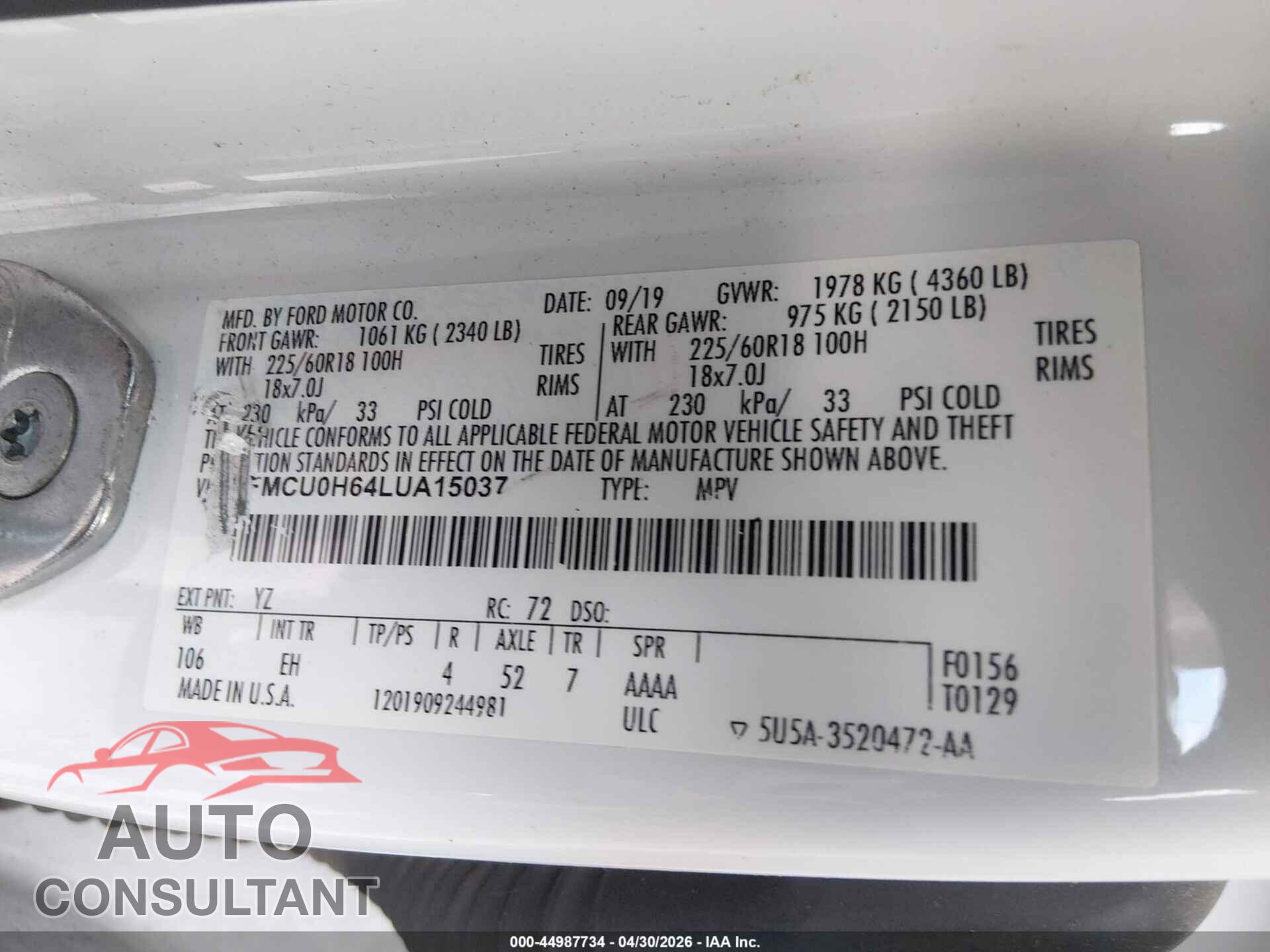 FORD ESCAPE 2020 - 1FMCU0H64LUA15037