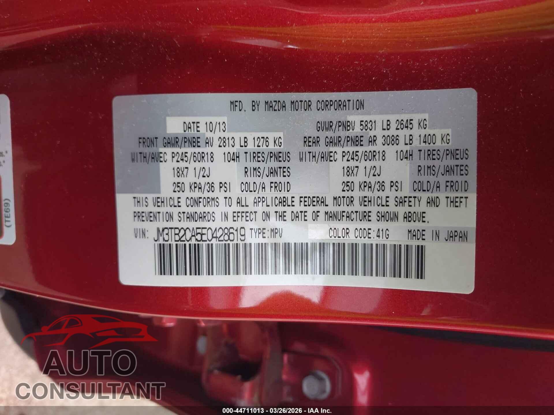 MAZDA CX-9 2014 - JM3TB2CA5E0428619
