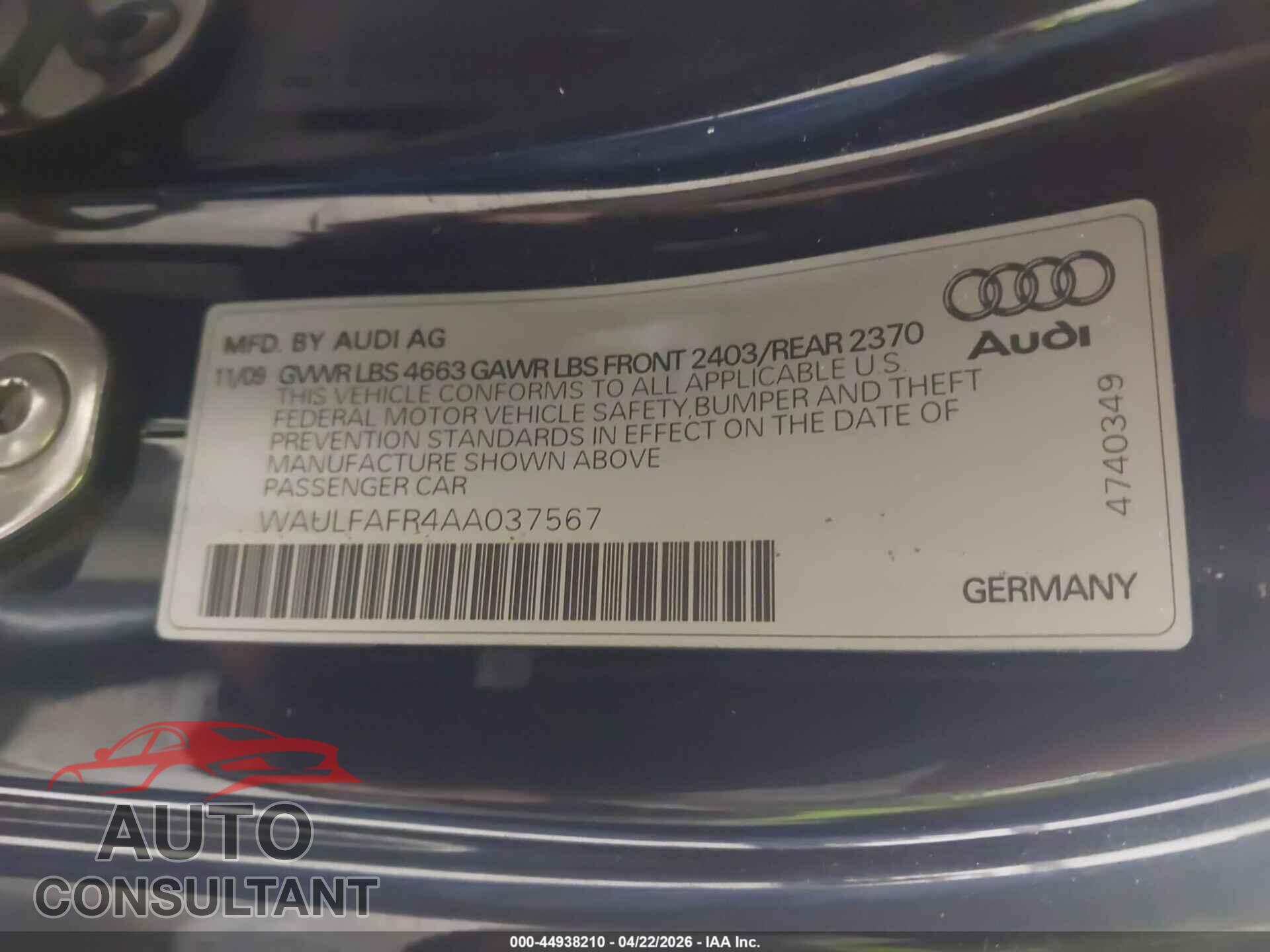 AUDI A5 2010 - WAULFAFR4AA037567