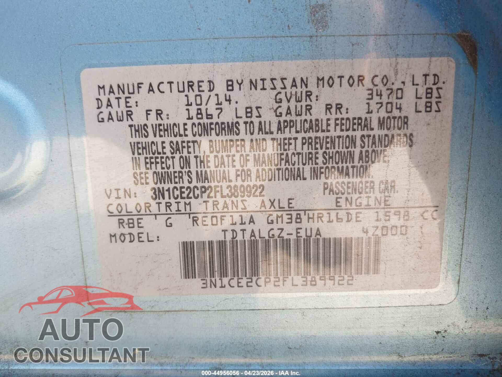 NISSAN VERSA NOTE 2015 - 3N1CE2CP2FL389922