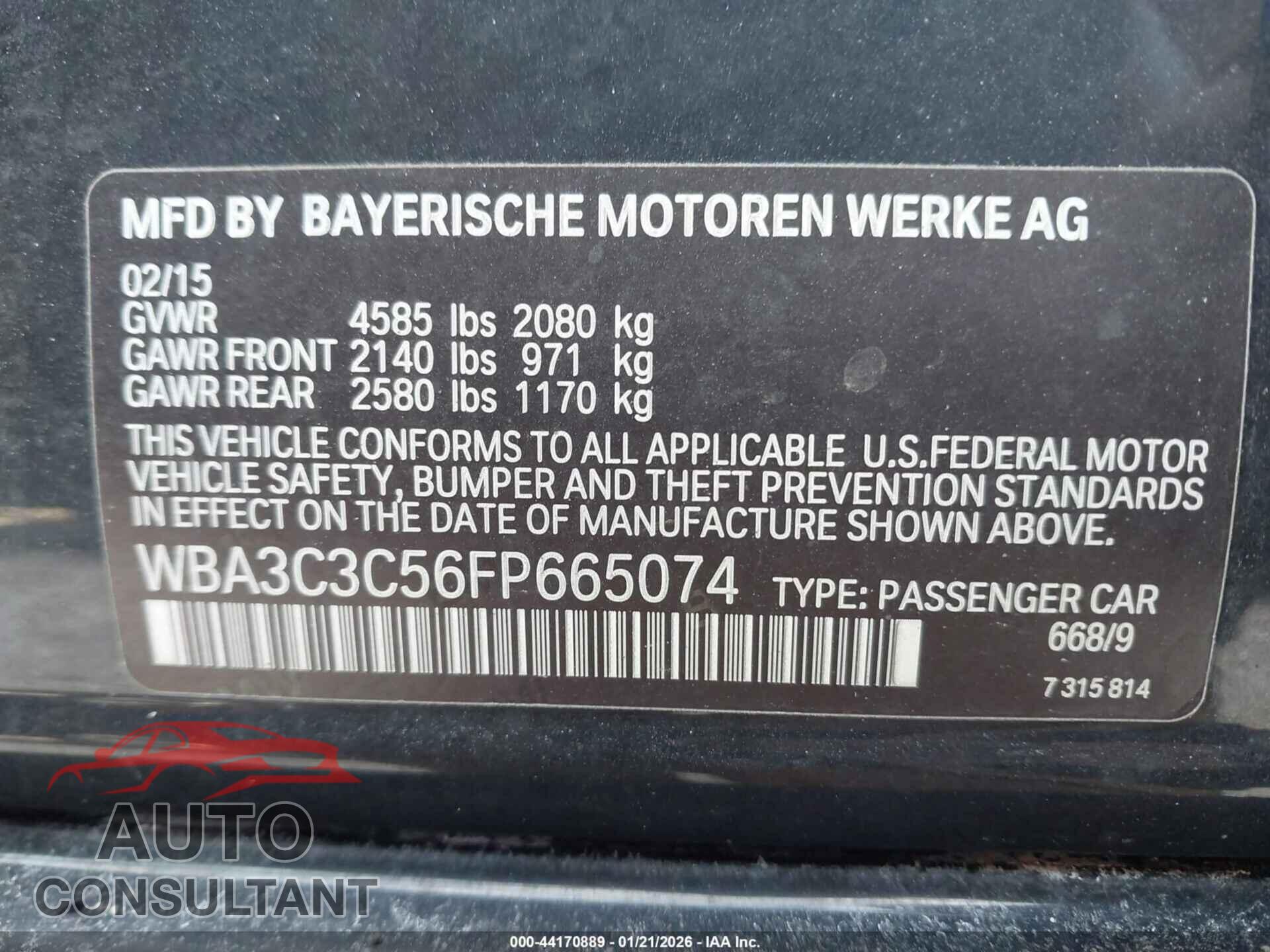 BMW 320I 2015 - WBA3C3C56FP665074