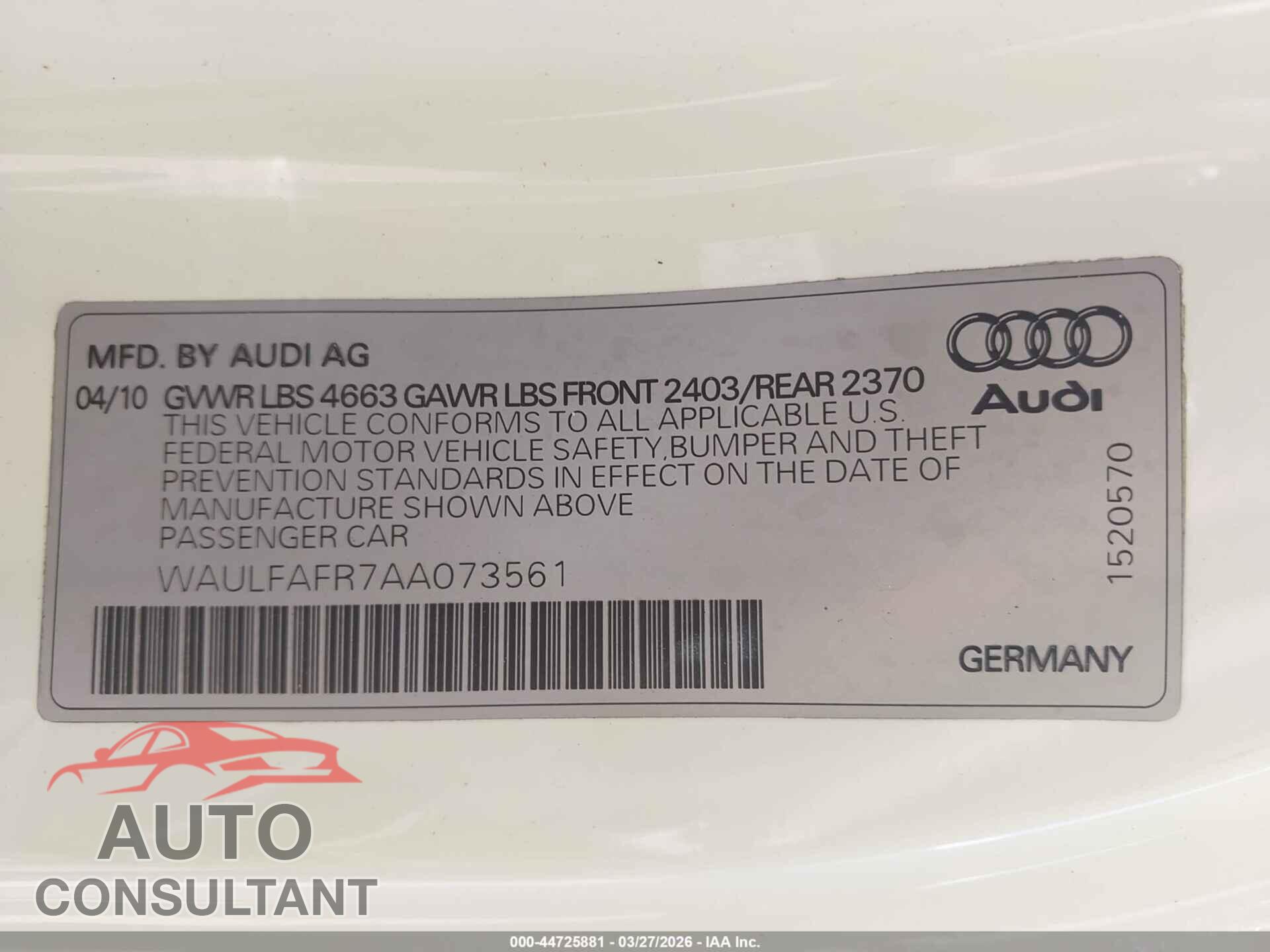 AUDI A5 2010 - WAULFAFR7AA073561