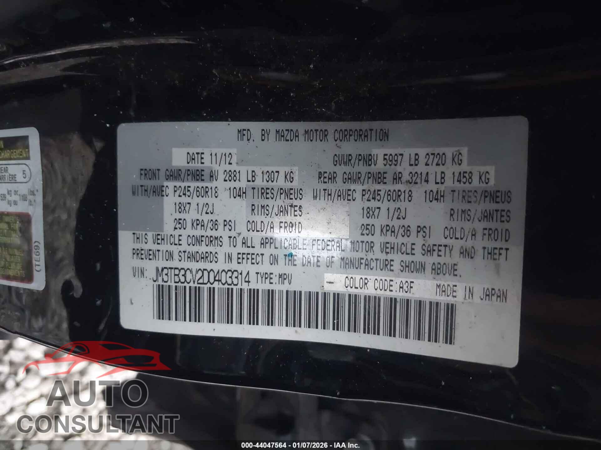 MAZDA CX-9 2013 - JM3TB3CV2D0403314