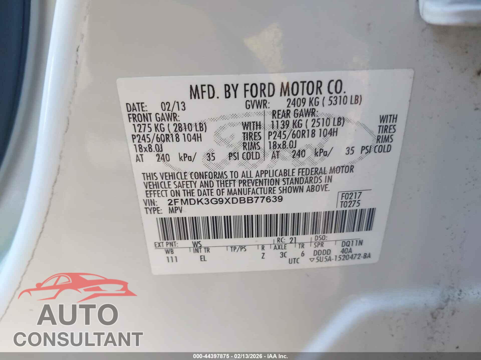 FORD EDGE 2013 - 2FMDK3G9XDBB77639