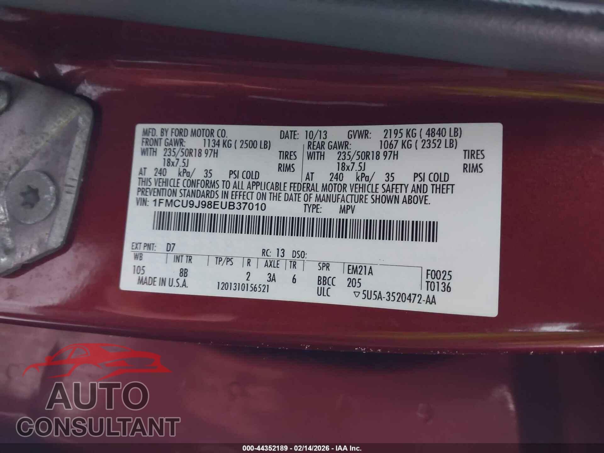 FORD ESCAPE 2014 - 1FMCU9J98EUB37010