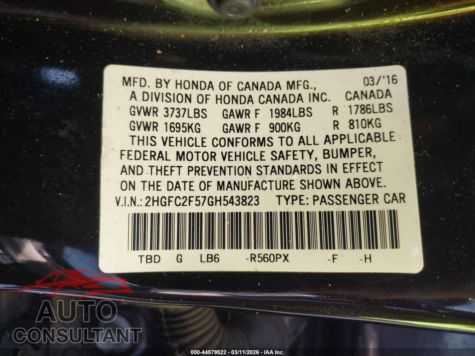 HONDA CIVIC 2016 - 2HGFC2F57GH543823