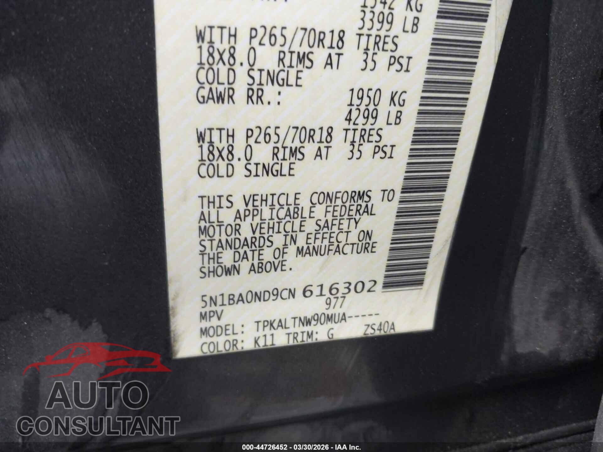 NISSAN ARMADA 2012 - 5N1BA0ND9CN616302