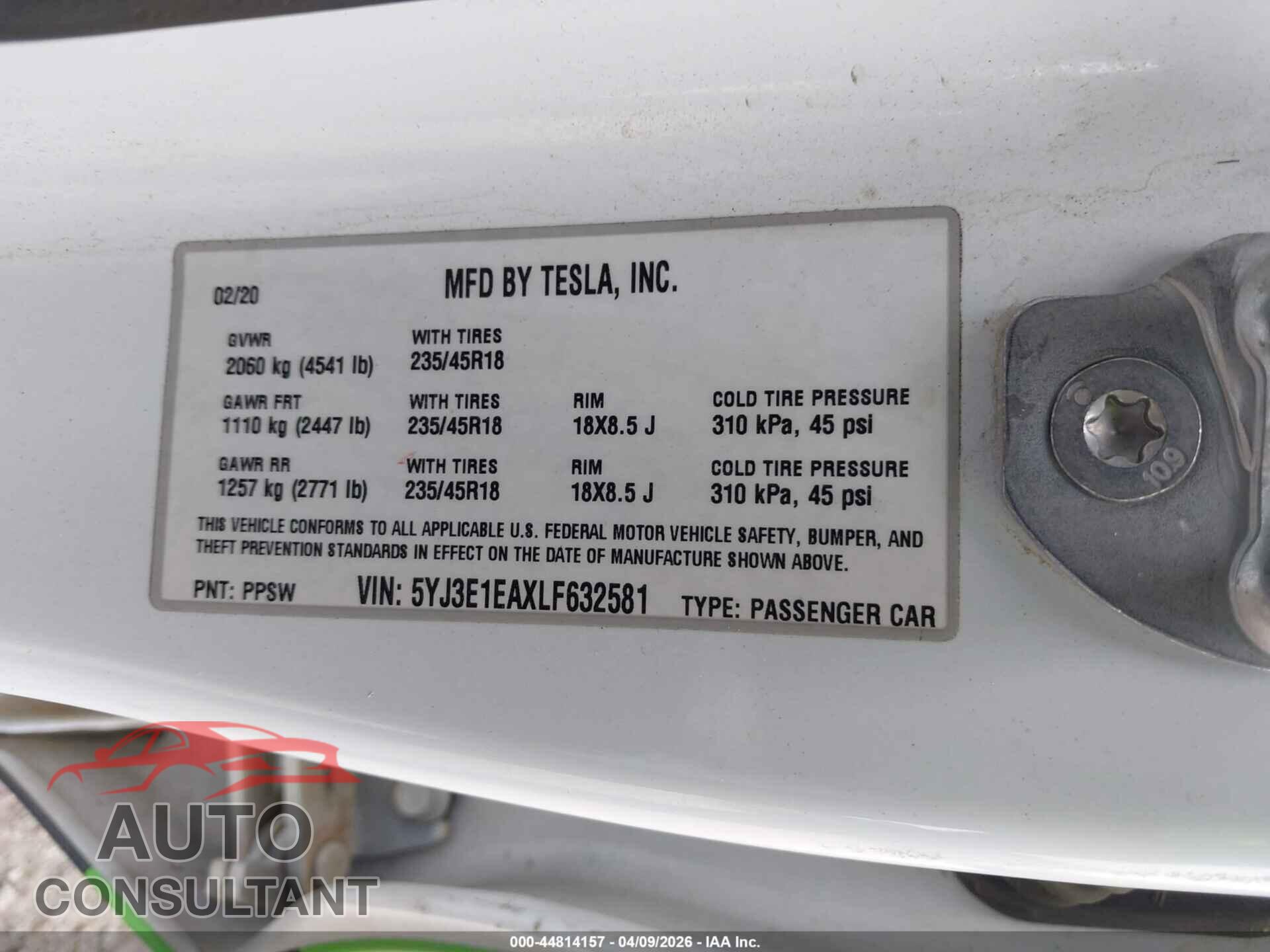 TESLA MODEL 3 2020 - 5YJ3E1EAXLF632581