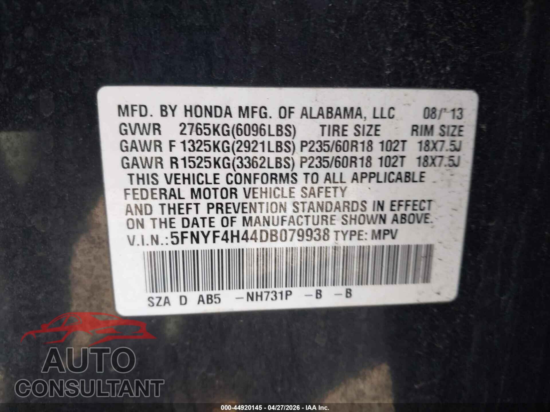 HONDA PILOT 2013 - 5FNYF4H44DB079938