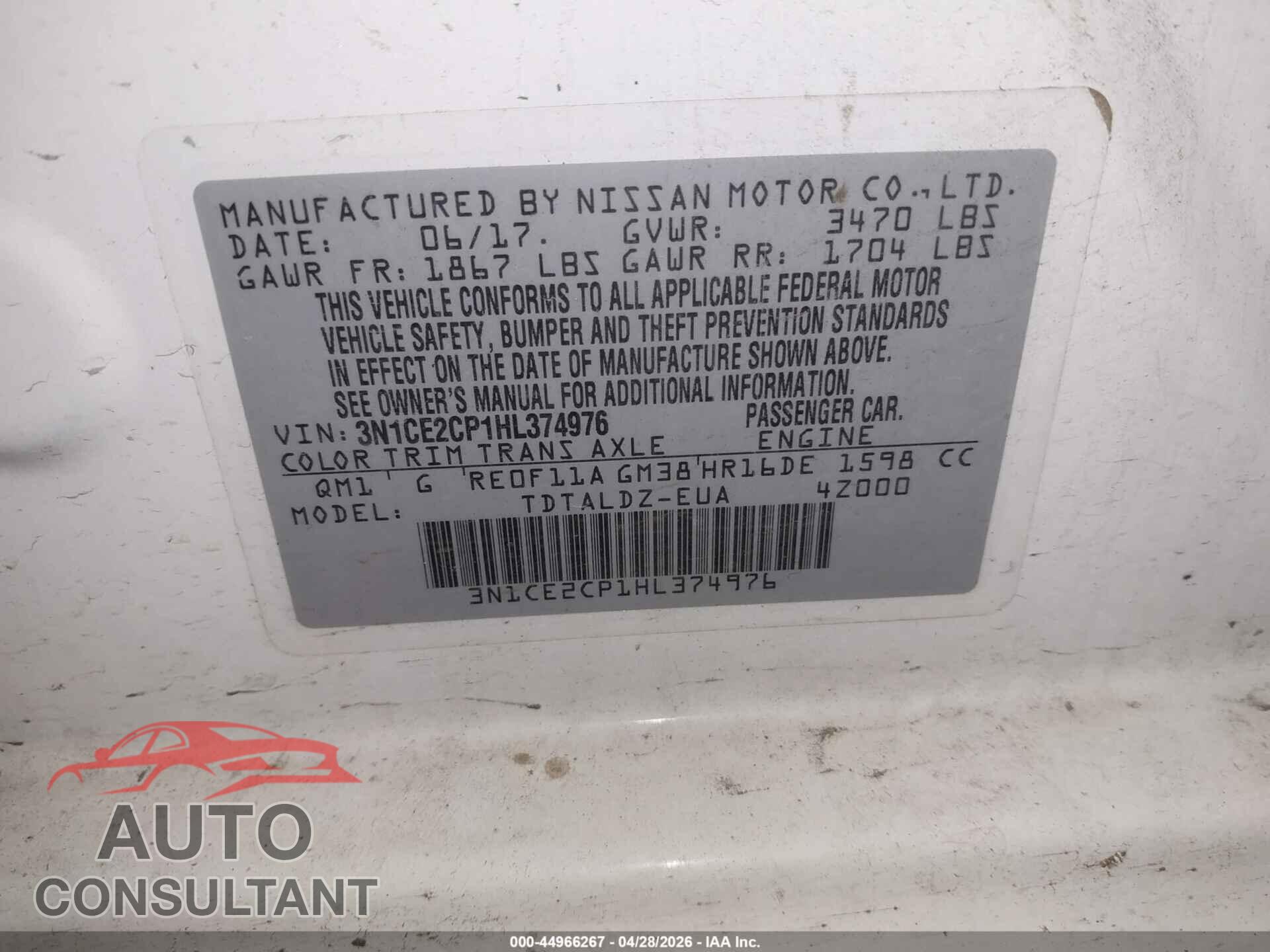 NISSAN VERSA NOTE 2017 - 3N1CE2CP1HL374976