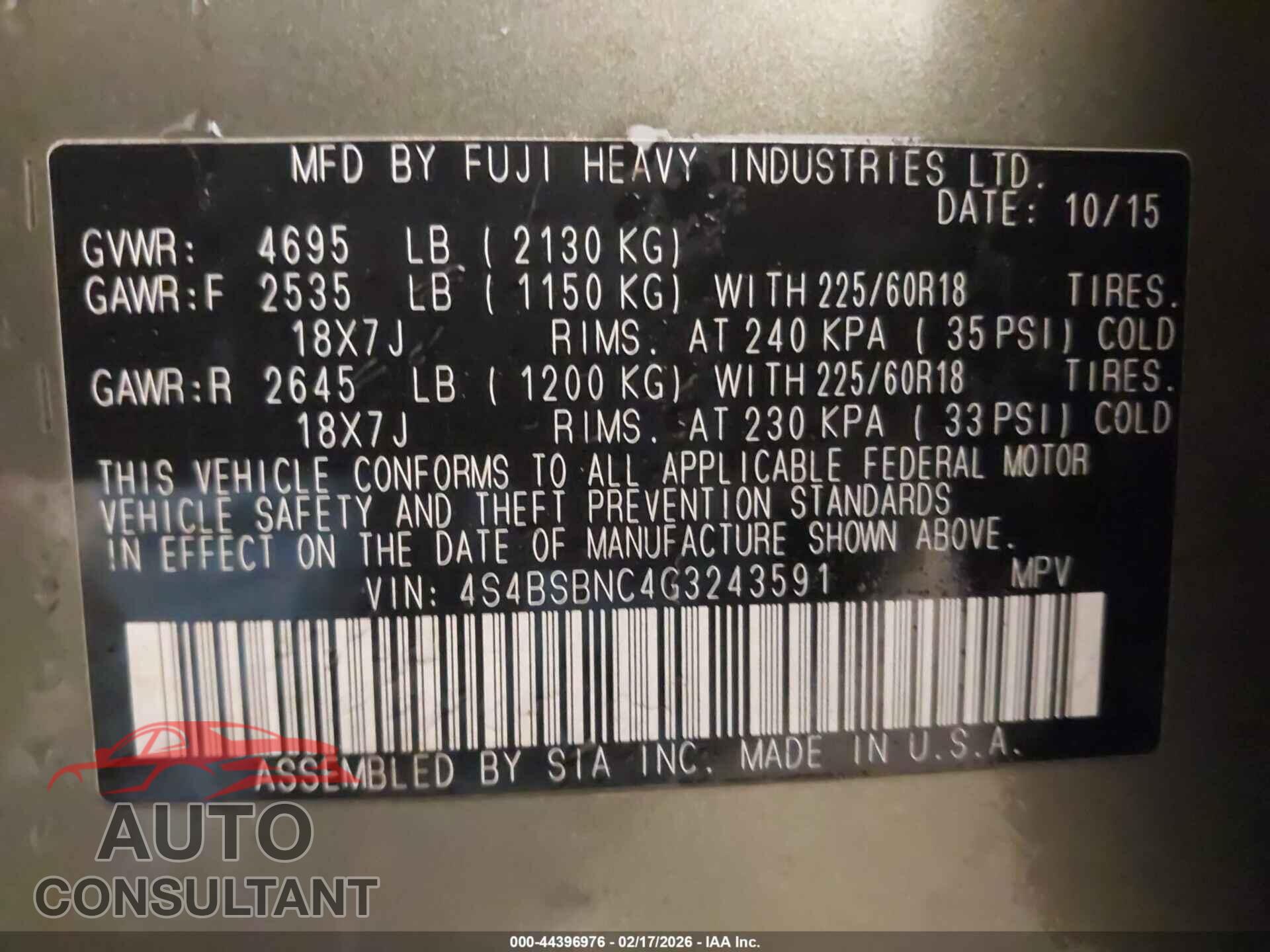 SUBARU OUTBACK 2016 - 4S4BSBNC4G3243591