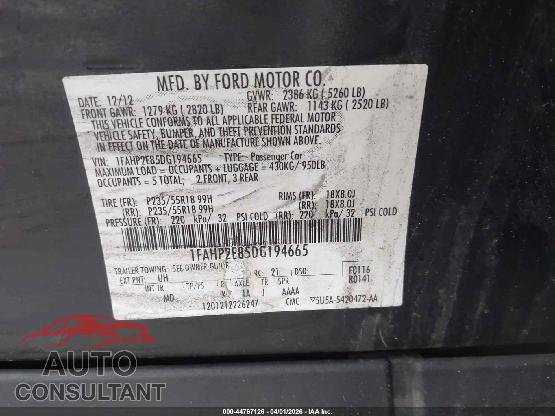 FORD TAURUS 2013 - 1FAHP2E85DG194665