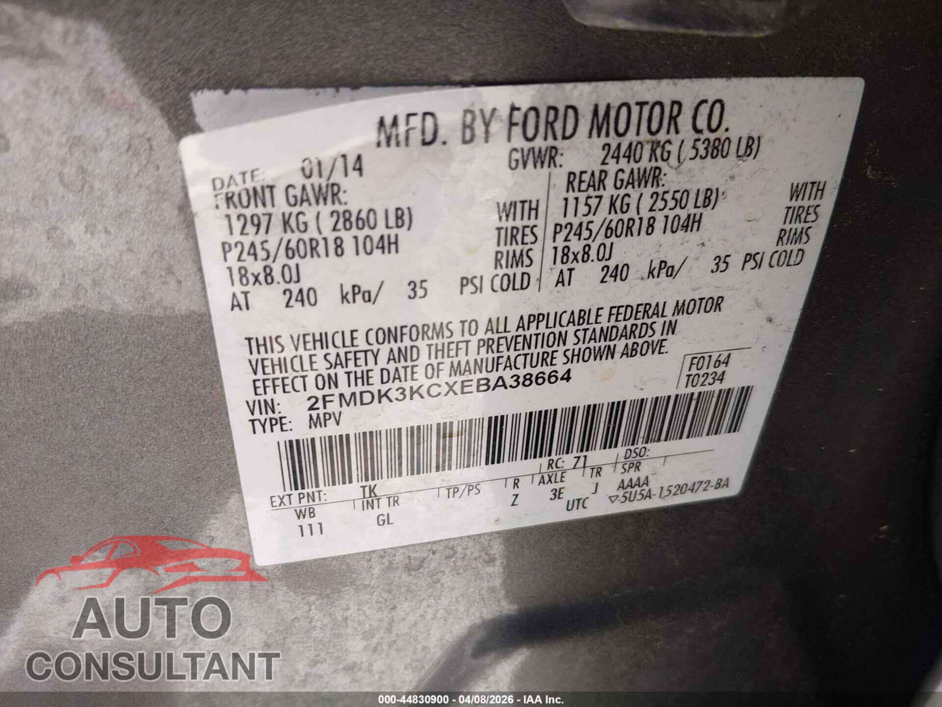 FORD EDGE 2014 - 2FMDK3KCXEBA38664