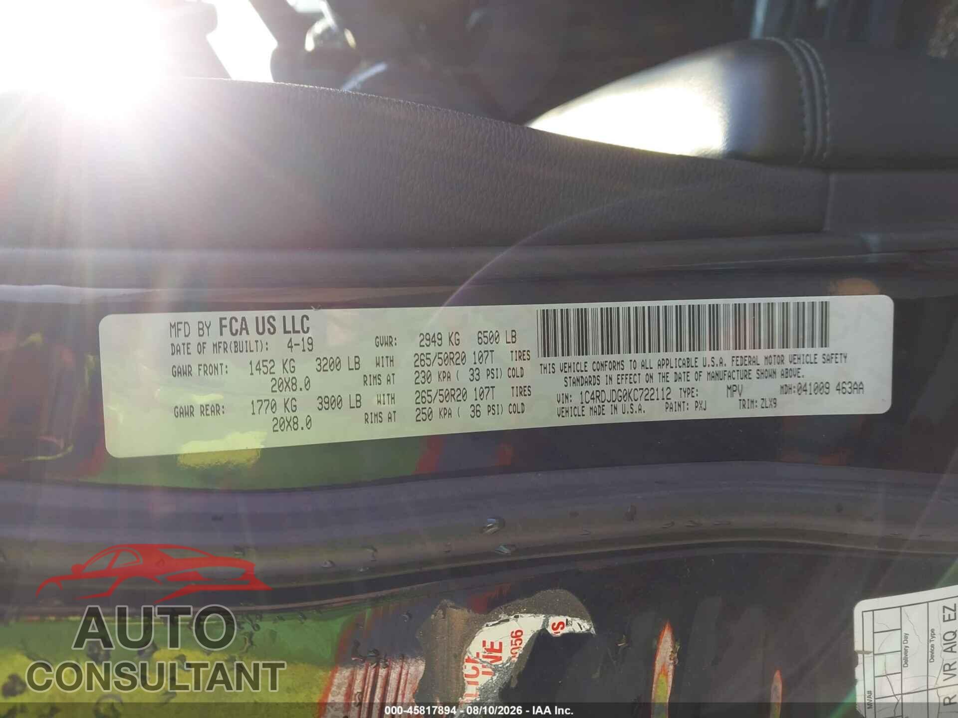 DODGE DURANGO 2019 - 1C4RDJDG0KC722112
