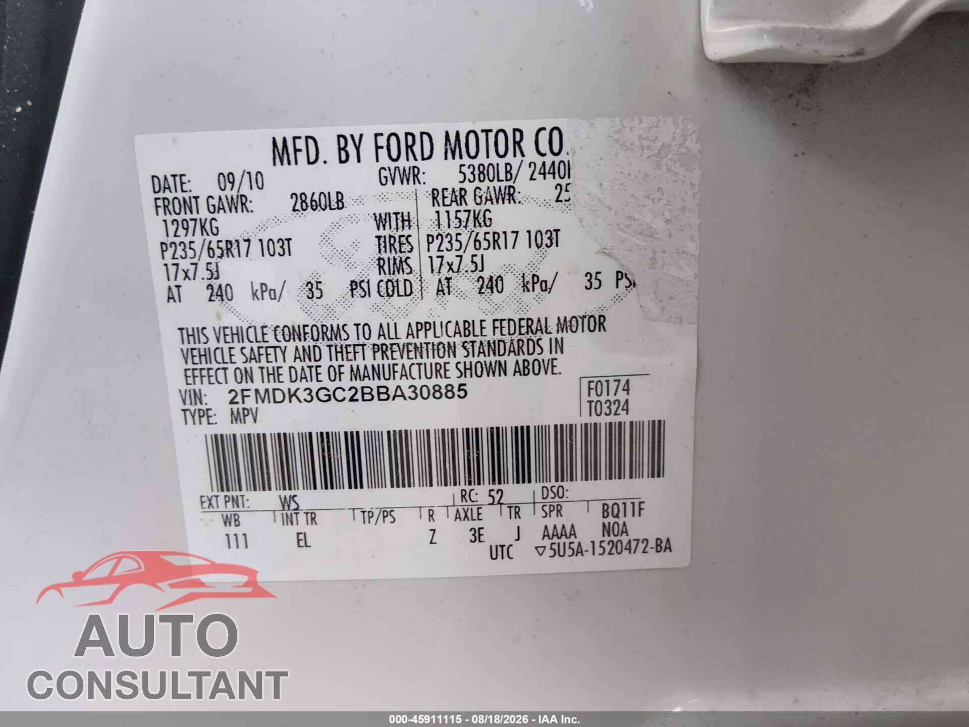 FORD EDGE 2011 - 2FMDK3GC2BBA30885