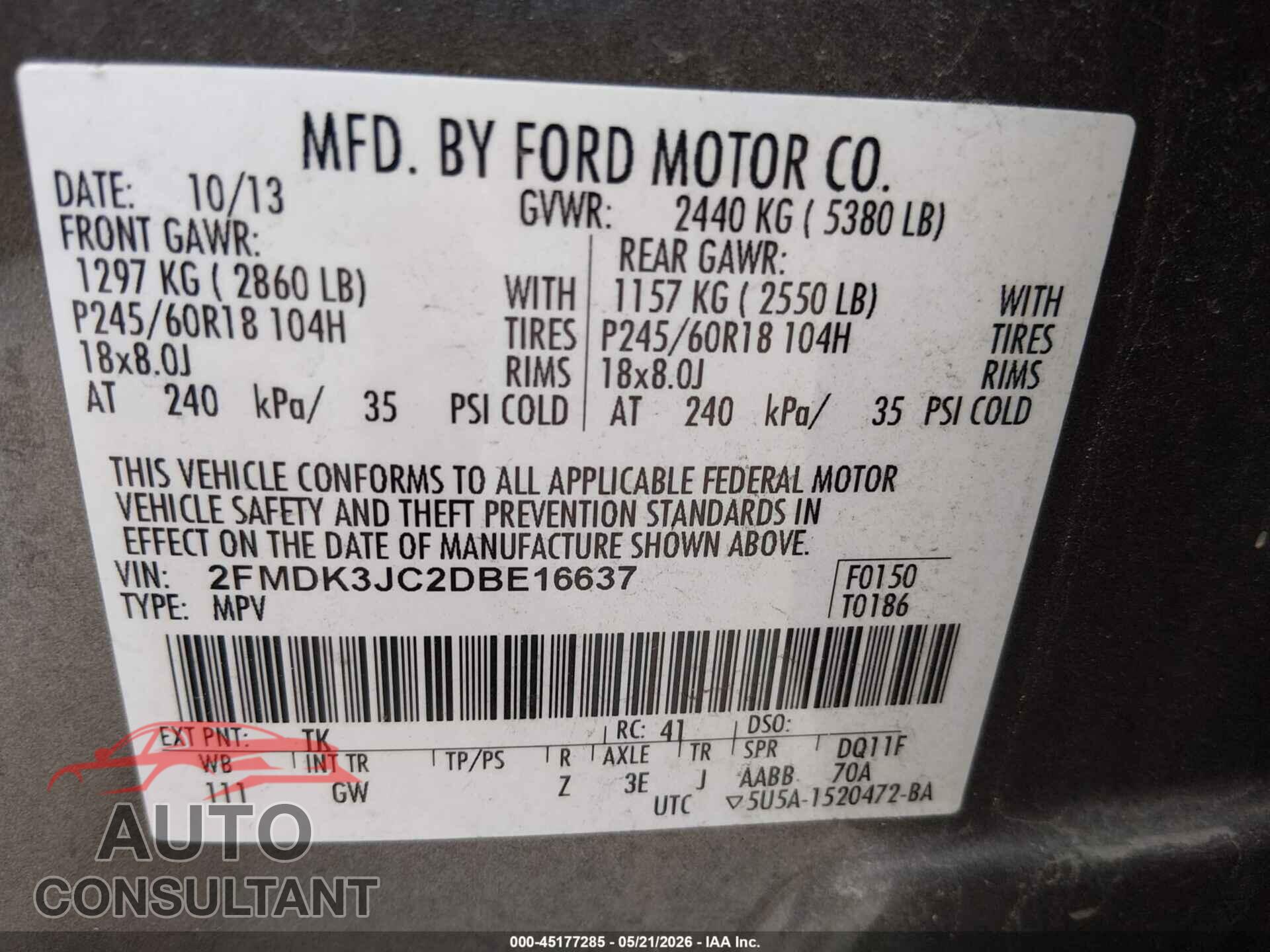 FORD EDGE 2013 - 2FMDK3JC2DBE16637