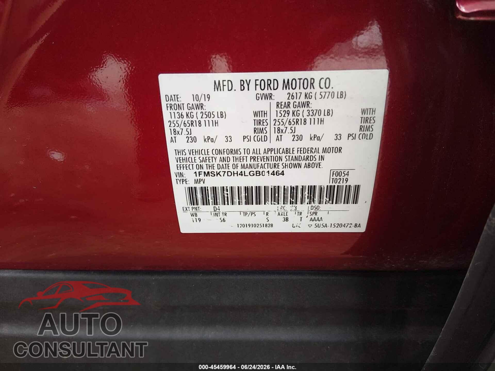 FORD EXPLORER 2020 - 1FMSK7DH4LGB01464