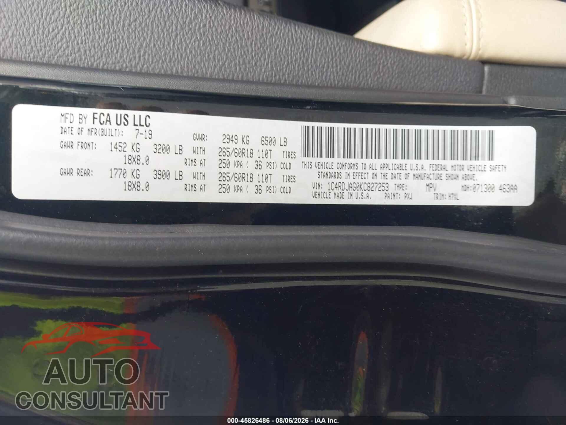 DODGE DURANGO 2019 - 1C4RDJAG0KC827253