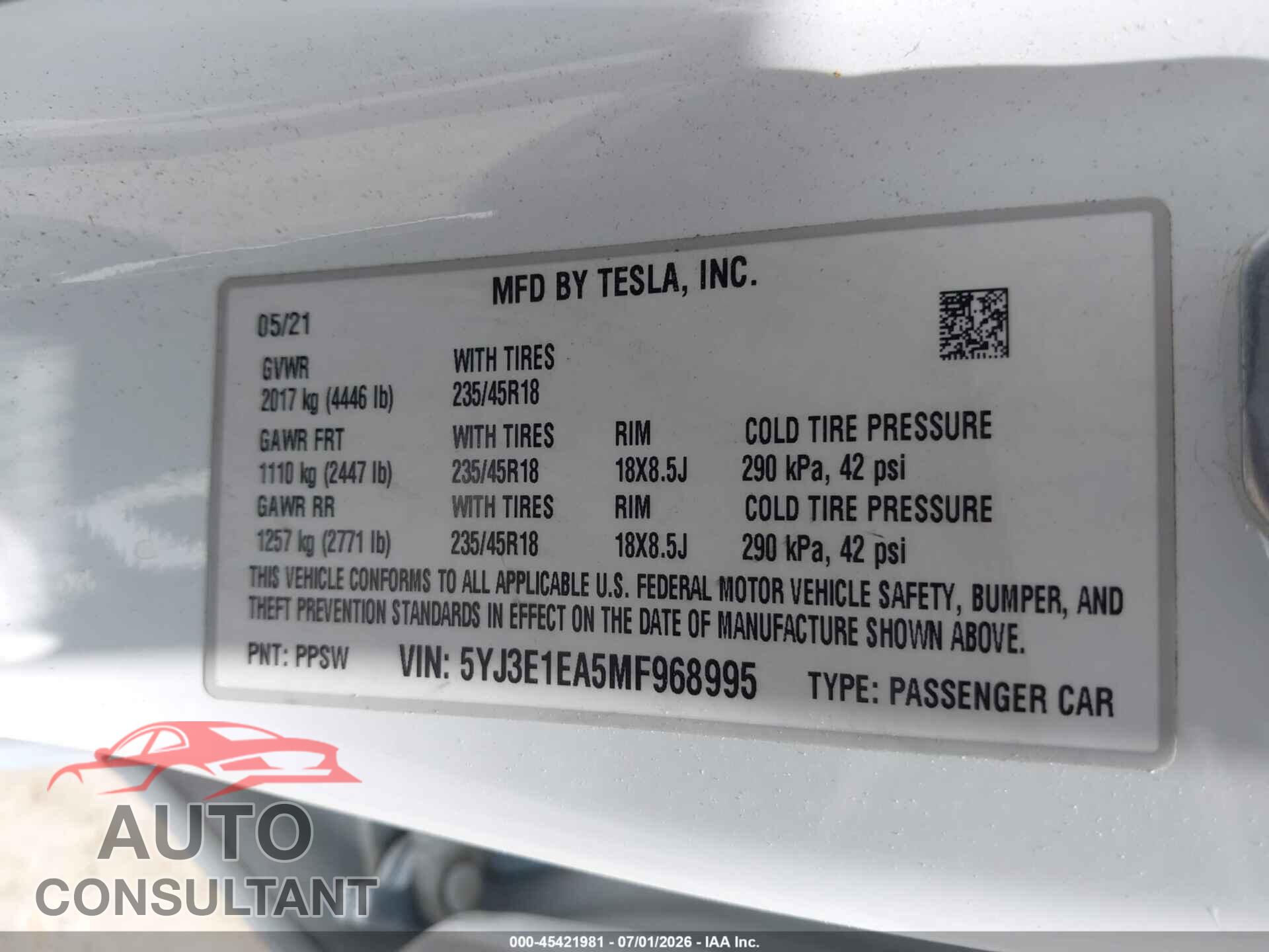 TESLA MODEL 3 2021 - 5YJ3E1EA5MF968995